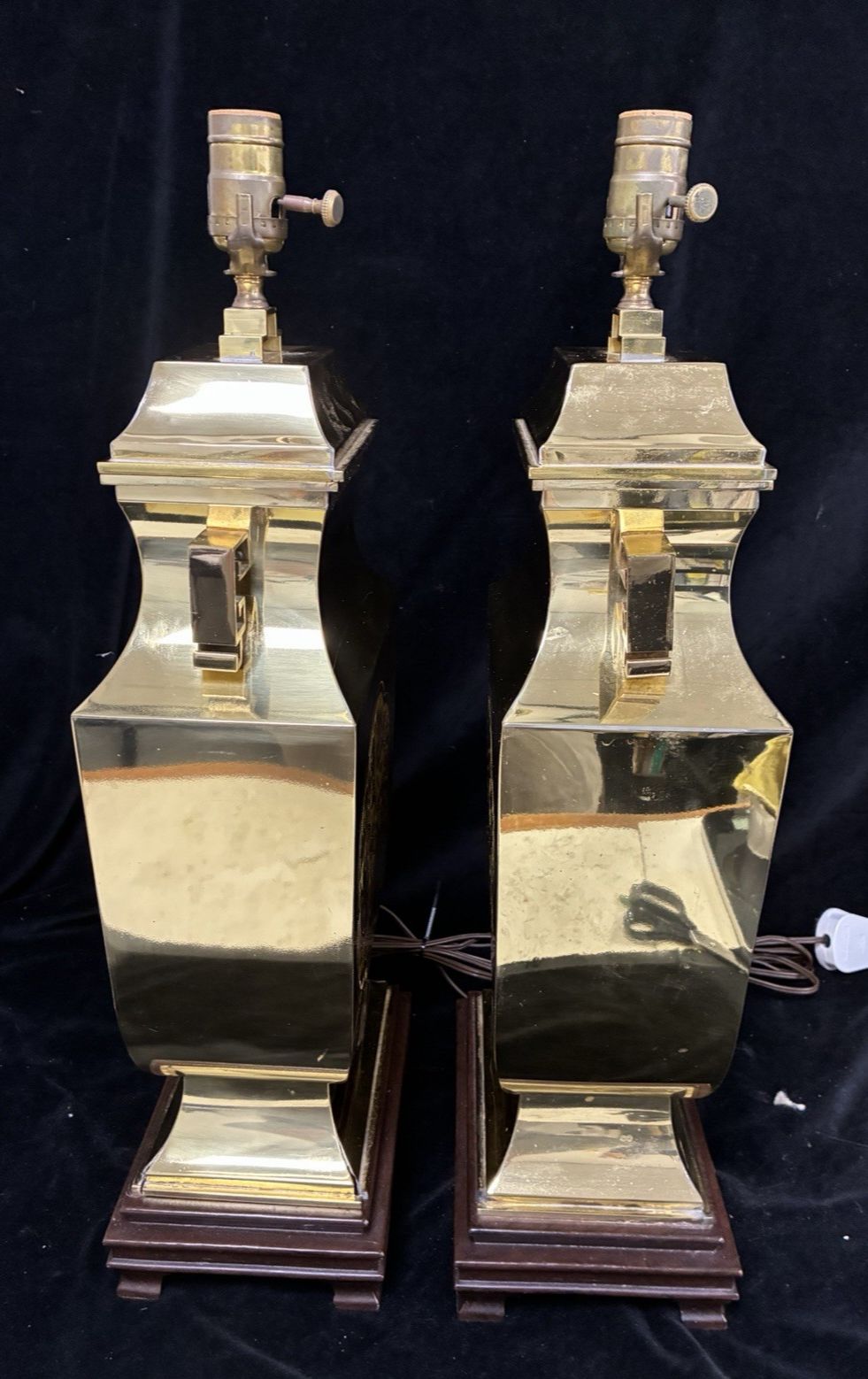 Pair Of Large Table Lamps Hollywood Regency Oriental Pagoda Brass On Wood Plinth photo furniture