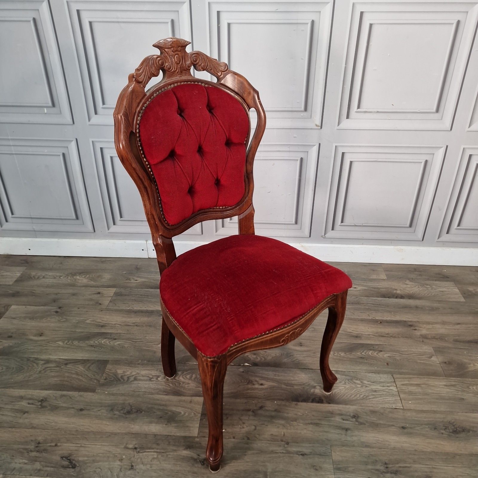 Antique Victorian Style Chair Carved Walnut Red Upholstery Bedroom Seat Louis photo furniture