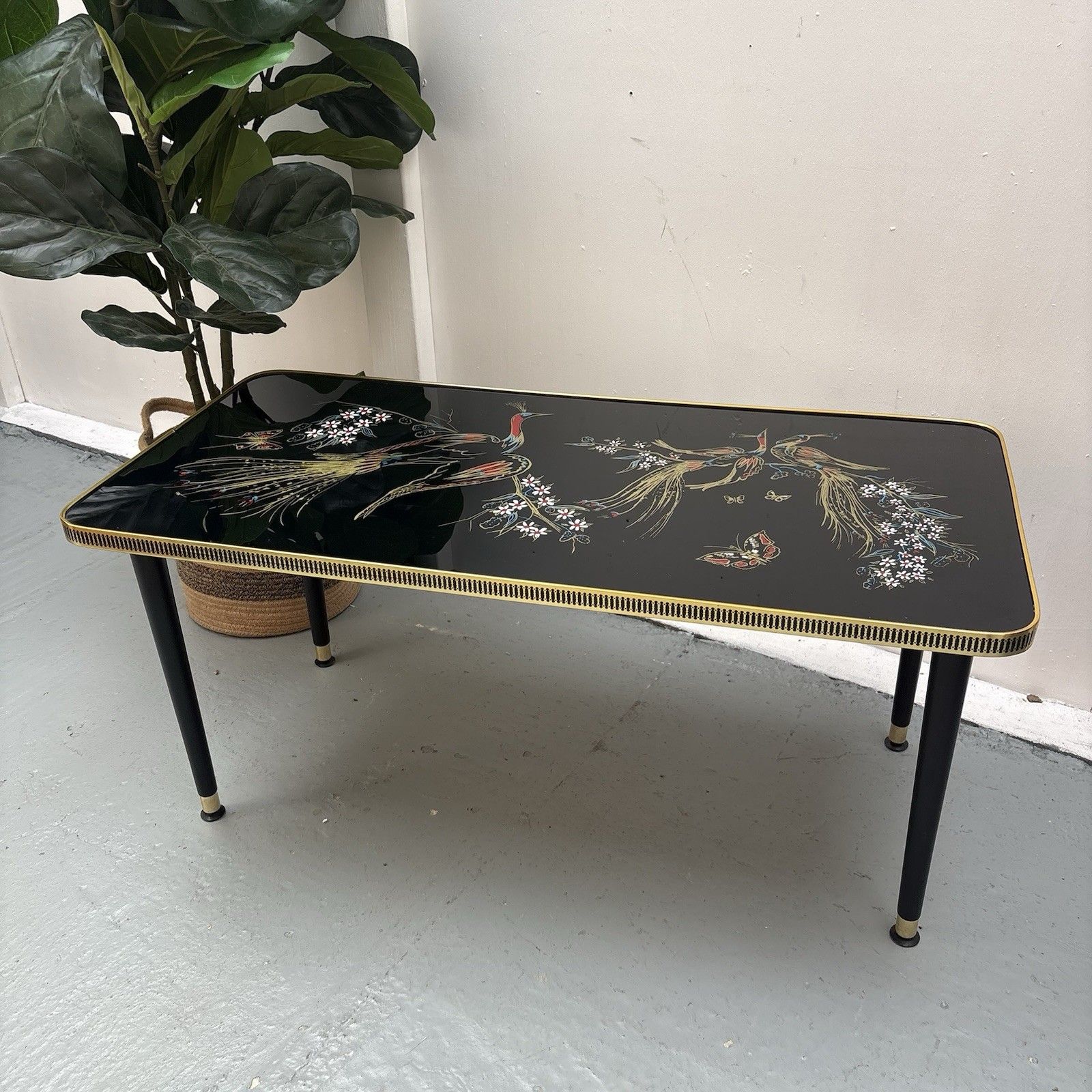Vintage French Hollywood Regency Style 1970s Black Lacquered Gold Coffee Table