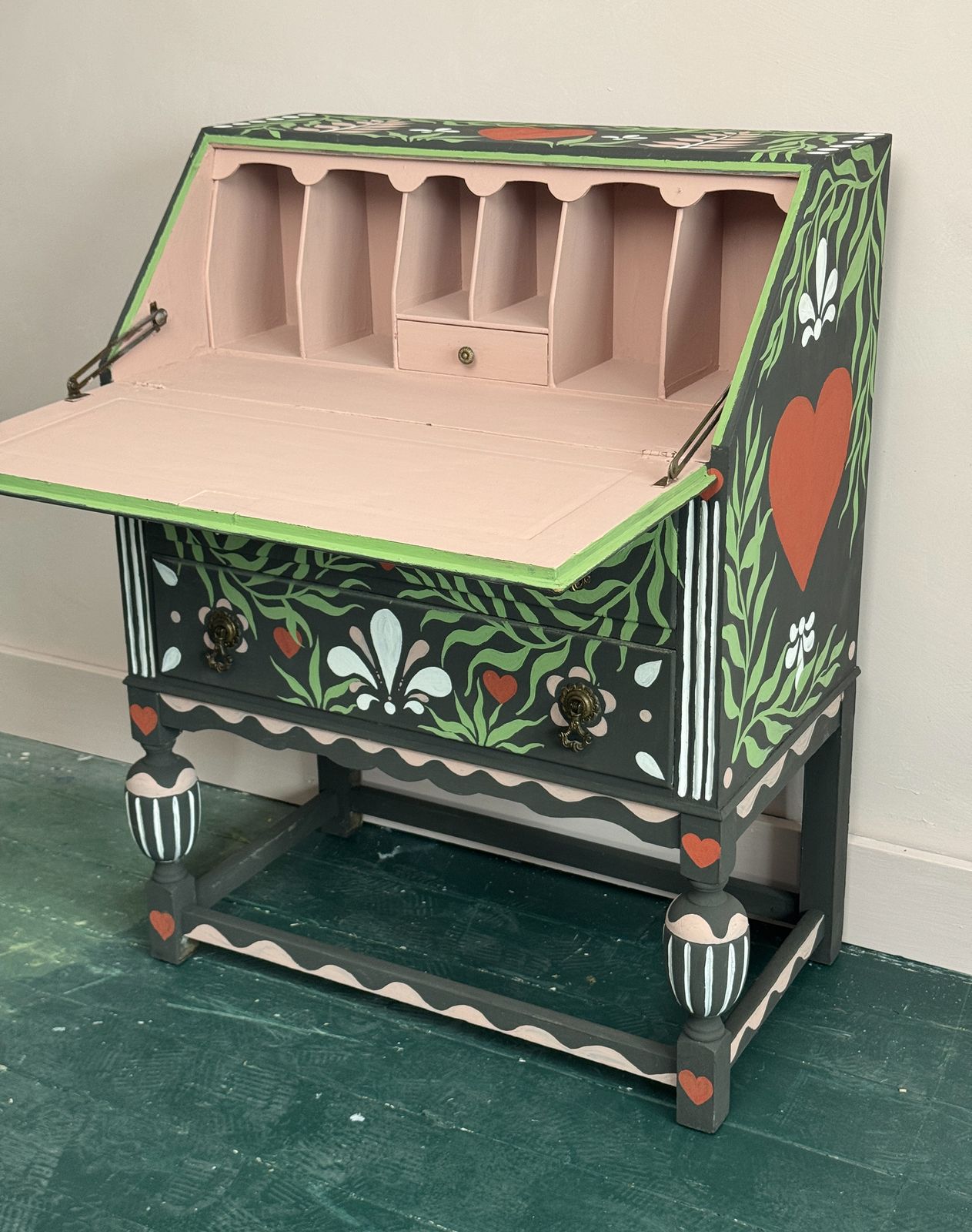Hand Painted Folk Art Writing Bureau Desk photo for sale