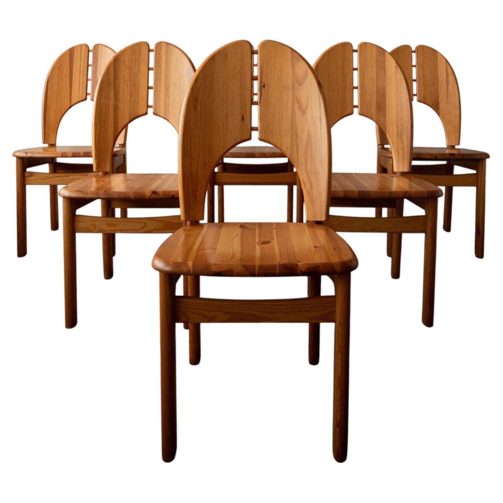 Scandinavian Brutalist Pine Dining Chairs With Sculptural Back, 1970s, Set Of 6