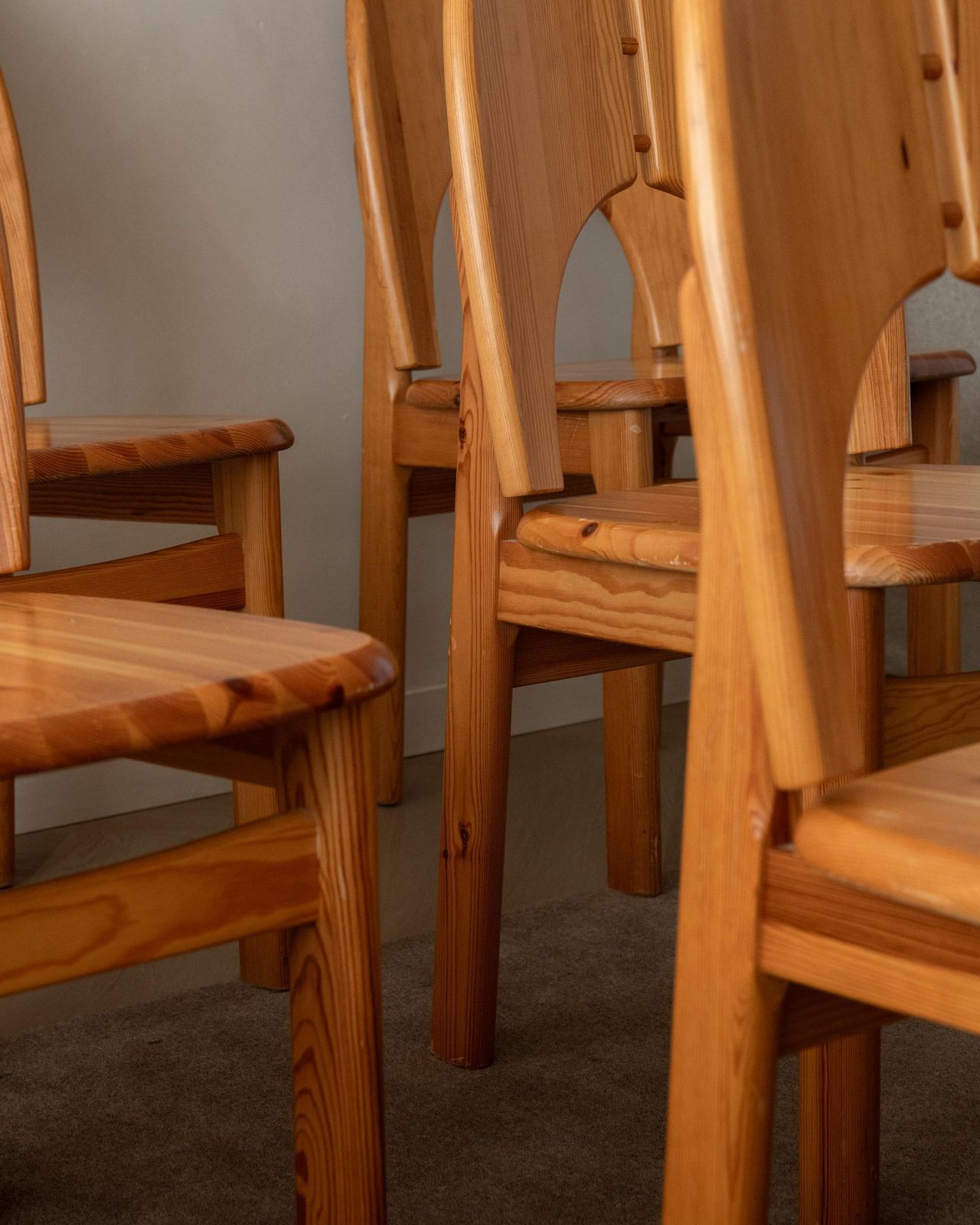 photo for sale Scandinavian Brutalist Pine Dining Chairs With Sculptural Back, 1970s, Set Of 6