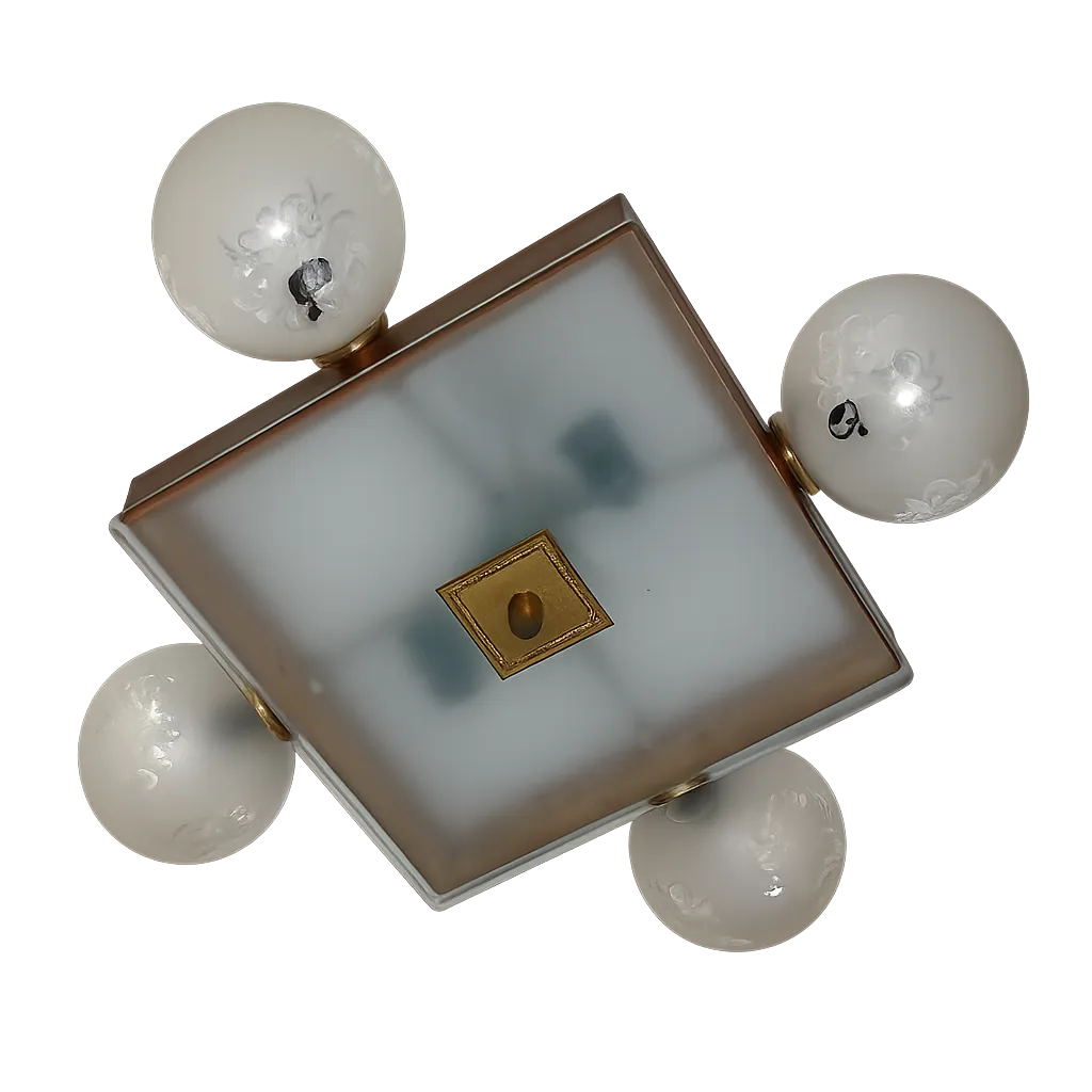 Mid Century Vintage Chandelier, 1950s, Brass, Wood And Frosted Glass, 4x E14