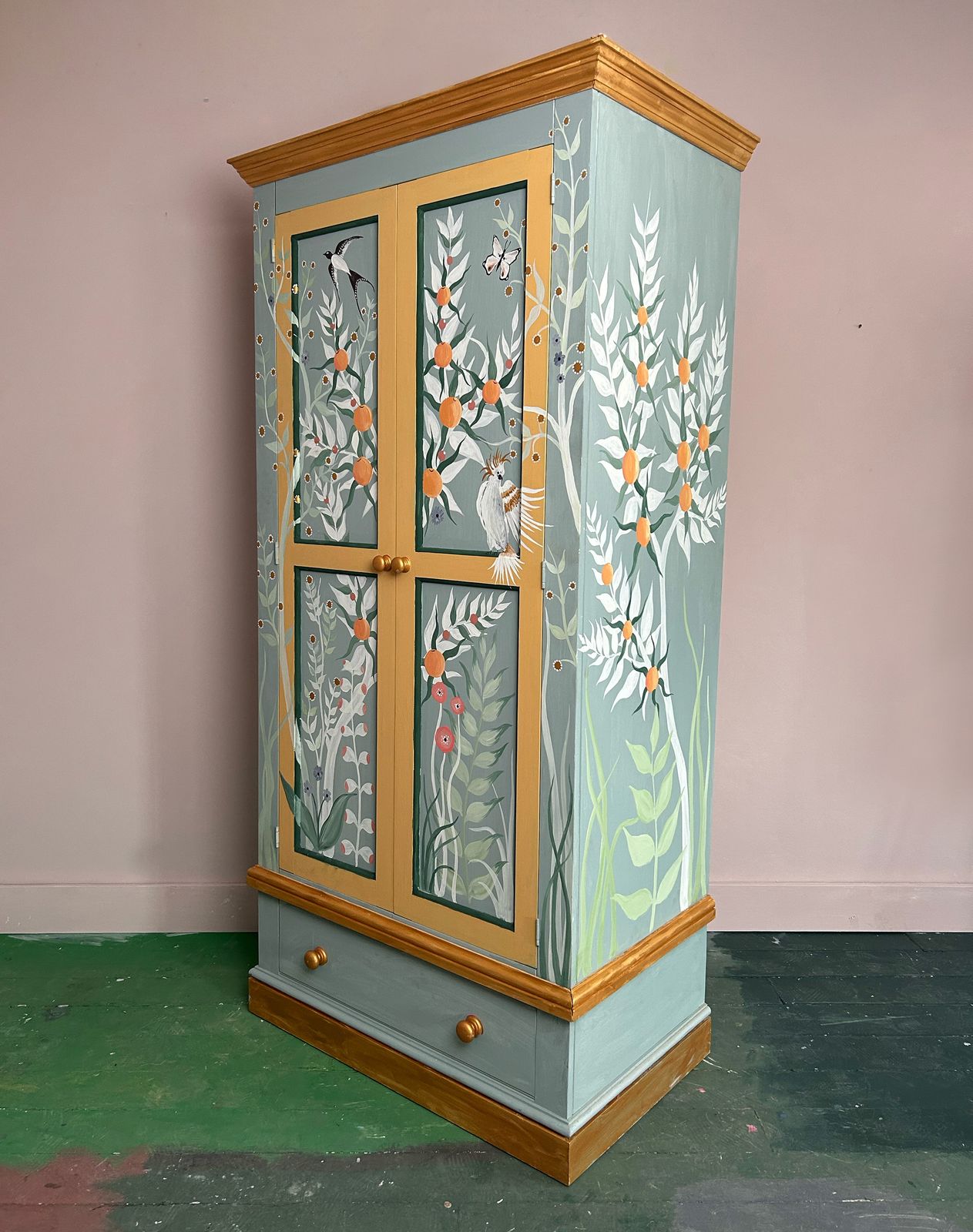 Hand Painted Chinoiserie Wardrobe With Parakeet & Botanical Design photo furniture