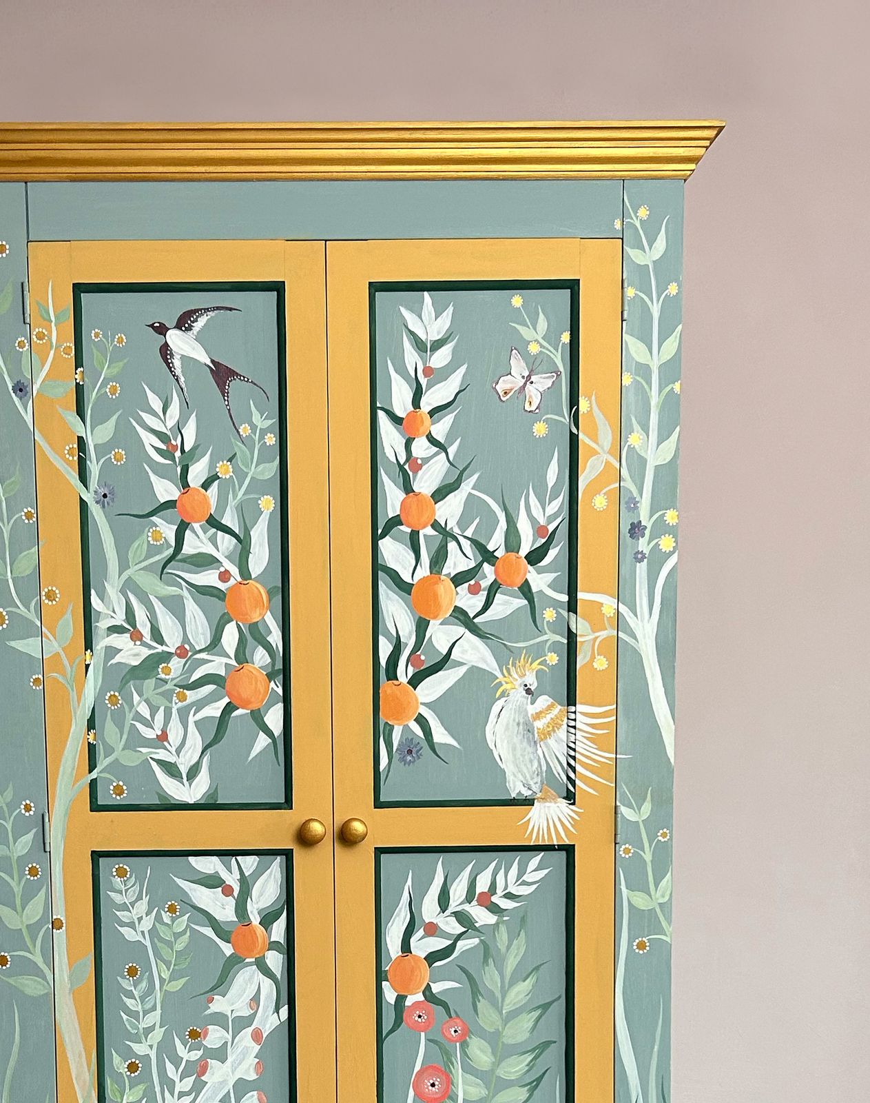 Hand Painted Chinoiserie Wardrobe With Parakeet & Botanical Design photo 1500.0