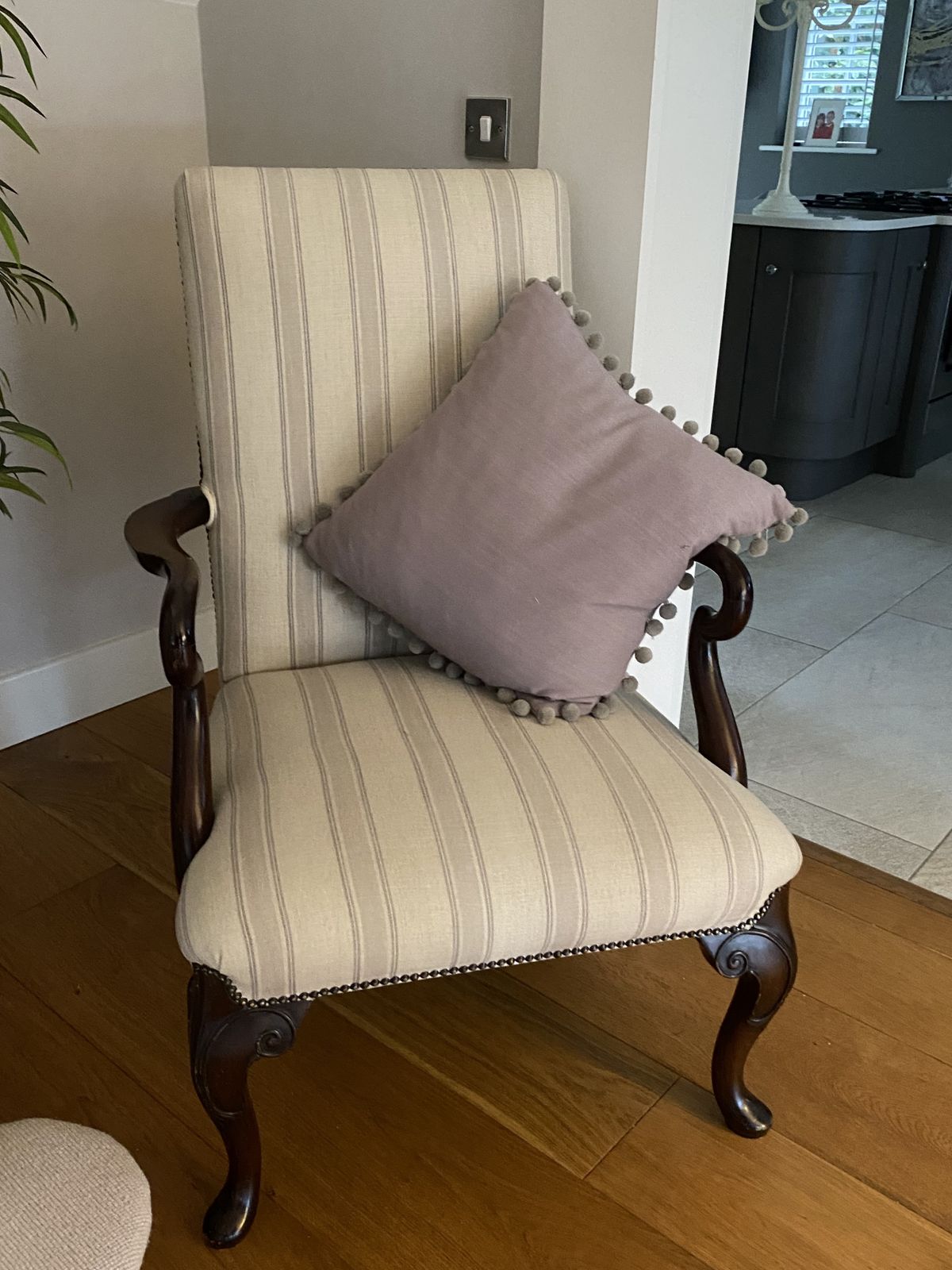 Duresta High Back Armchair Cream Striped Fabric Queen Anne Style Chair photo for sale