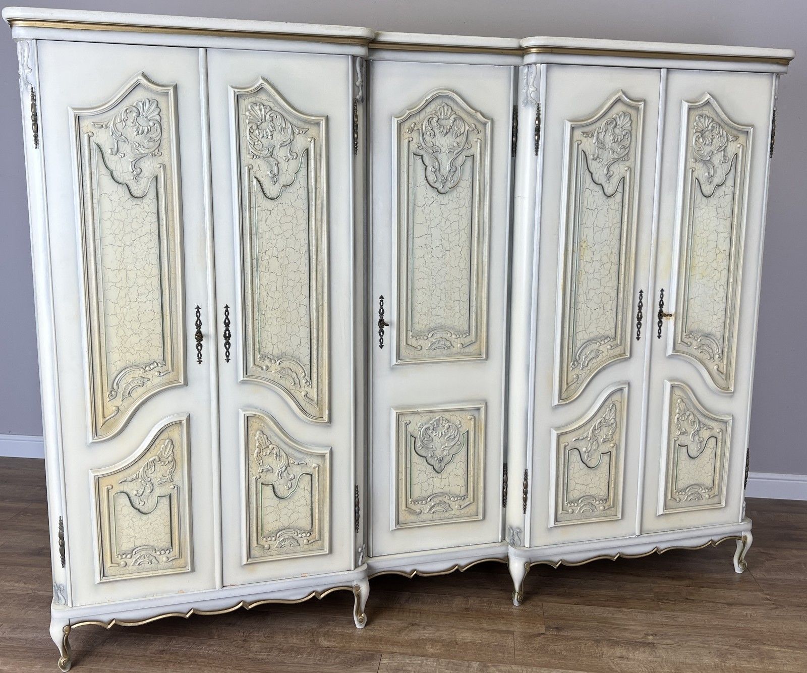 Wardrobe Vintage French Shabby Chic Five Door Carved Armoire Cabinet Lot 6121