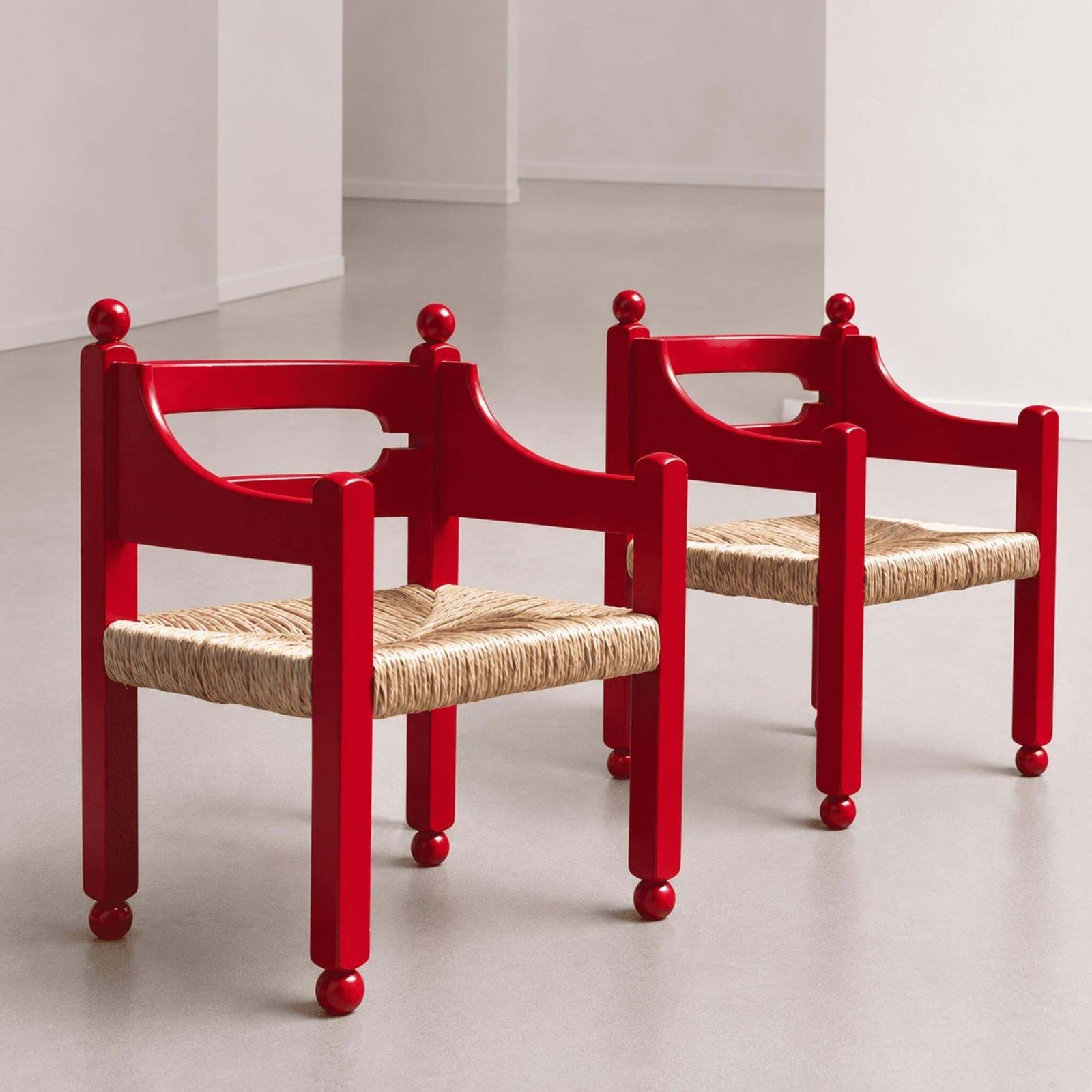 Italian Mid Century Armchairs Red Wood Woven Straw By Luigi Caccia Dominioni photo for sale