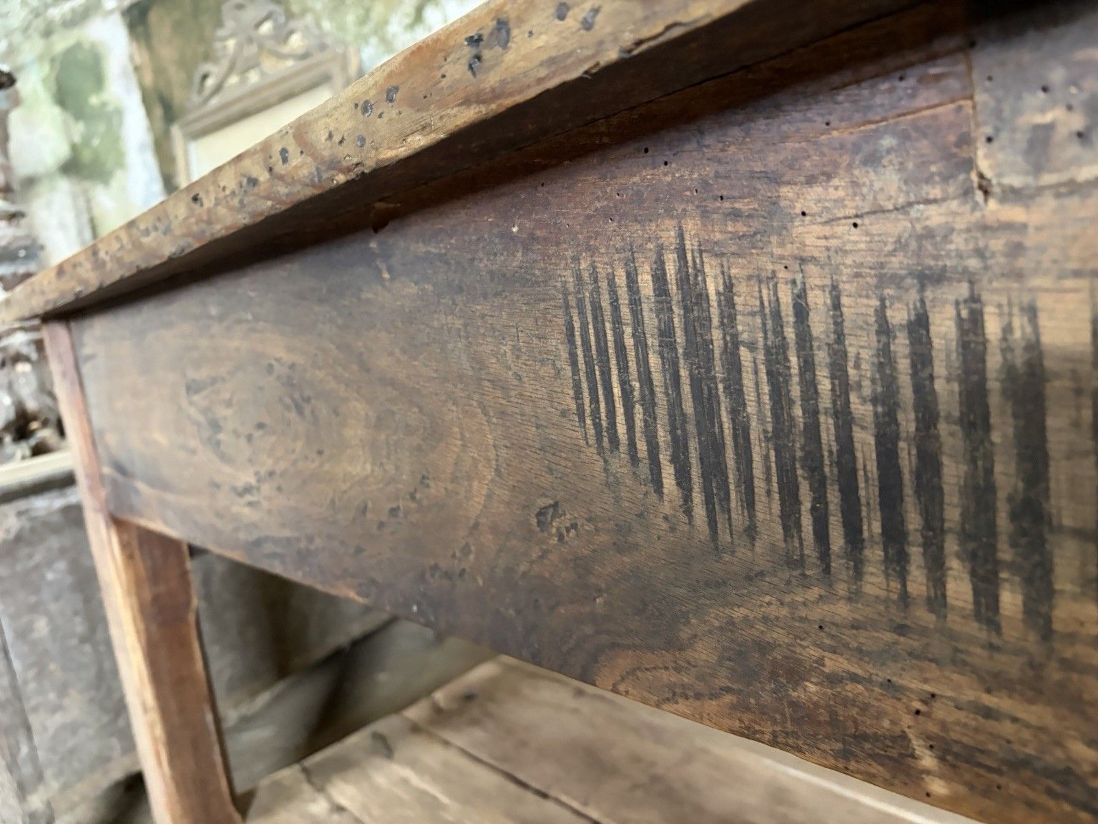 photo vinterior Antique French Farmhouse Kitchen Island Table — Pine & Oak, Two Drawers, 192cm