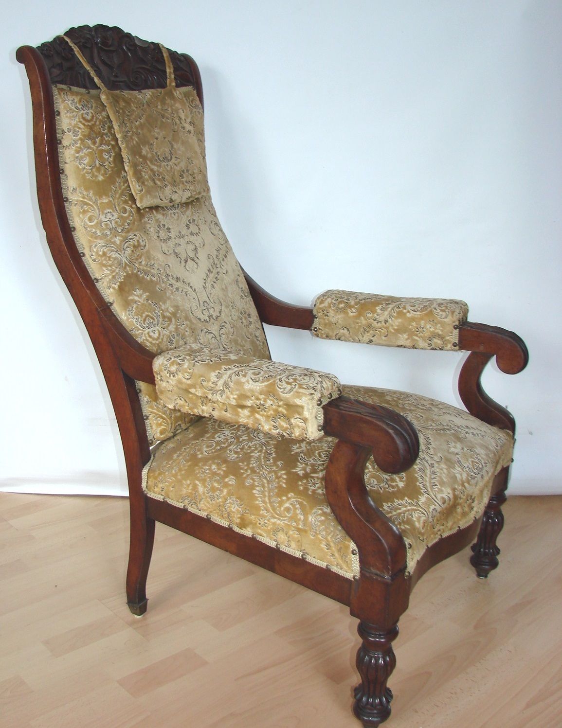An Antique Armchair From The Turn Of The 19th And 20th Centuries, Carved Walnut, Springs photo vintage