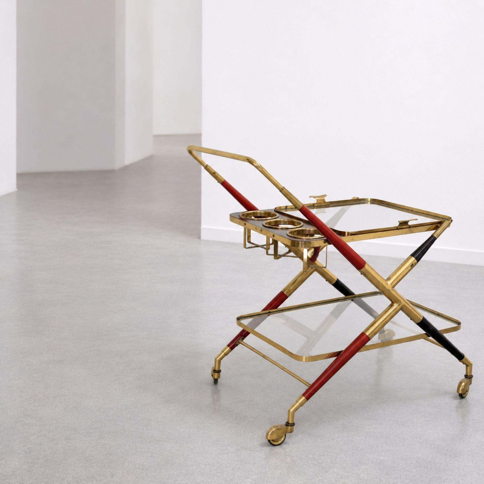 Italian Mid Century Modern Bar Cart Brass Glass Tray By Cesare Lacca, 1950s photo for sale