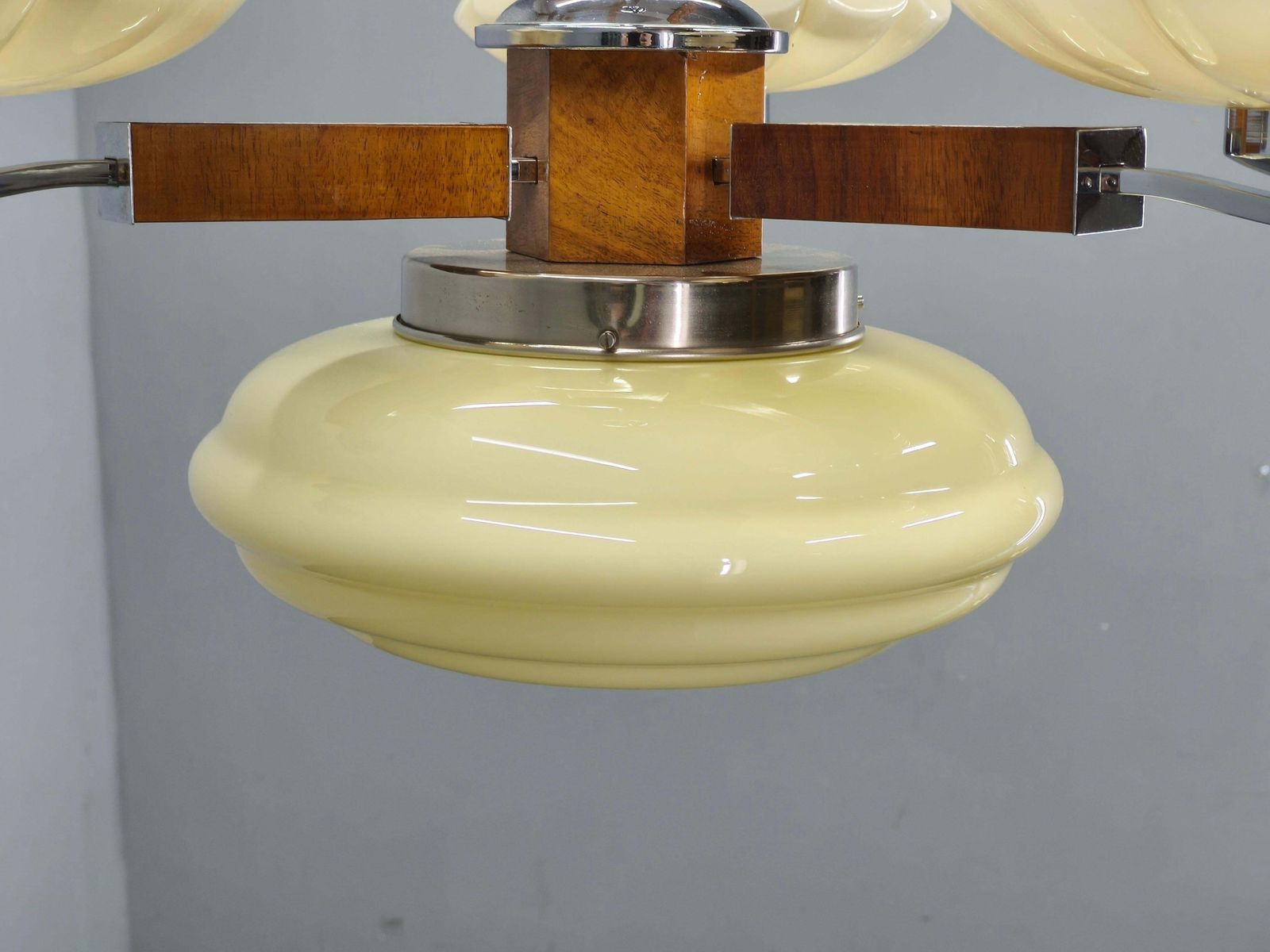 1940s Czechoslovak Art Deco Chandelier In Walnut Chrome And Glass photo 1344.0