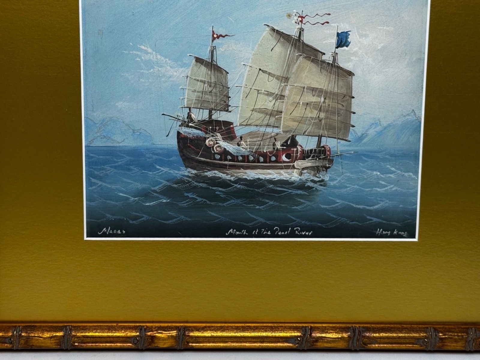 Maritiem schilderij, binnenkomende jonk bij de monding van de Parelrivier, Hongkong, toegeschreven aan Ah Hee Studio, ca. 1914 photo Kunst