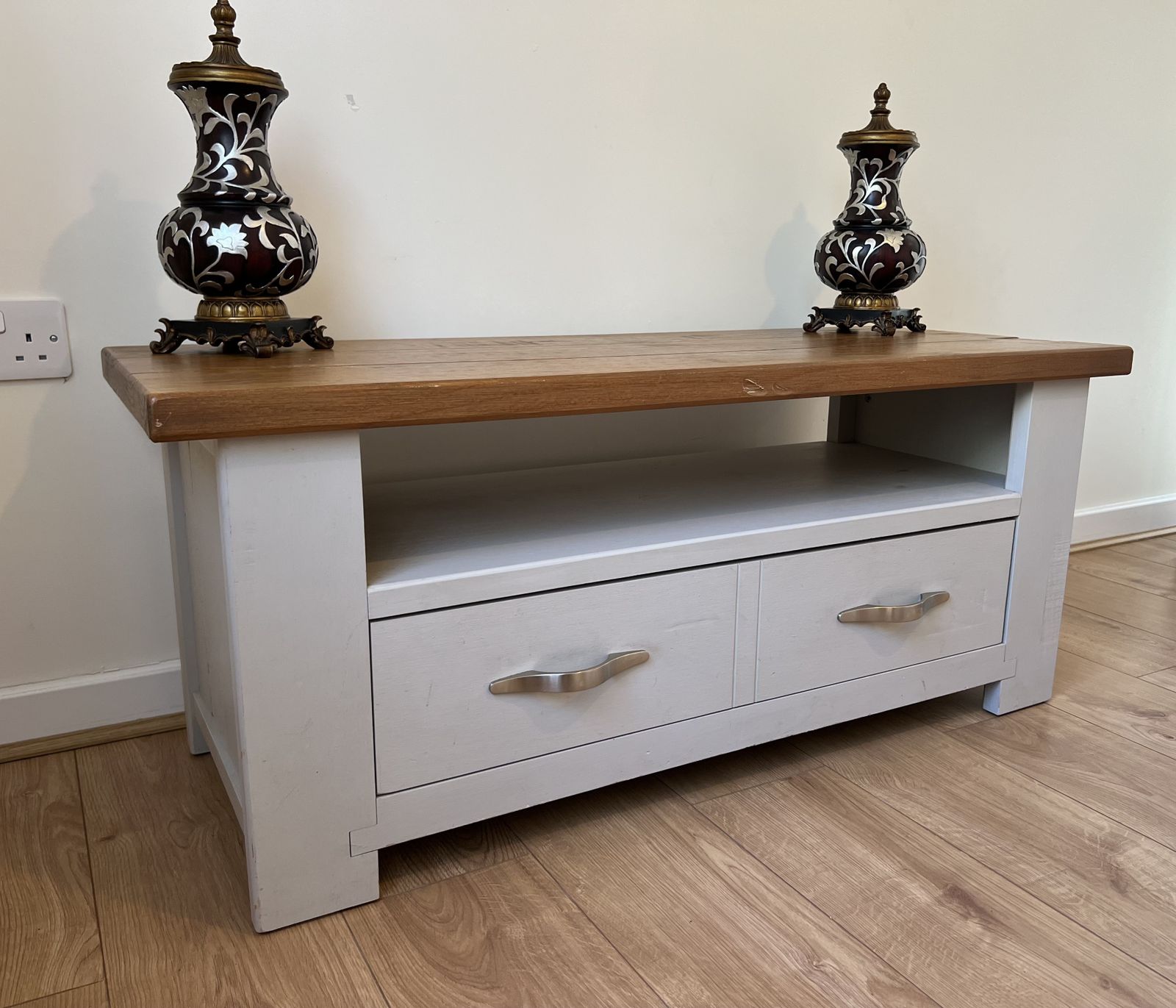 Next Hartford Tv Unit Living Room Solid Oak & Light Grey Tv Stand Rrp £450!!! photo 99.85