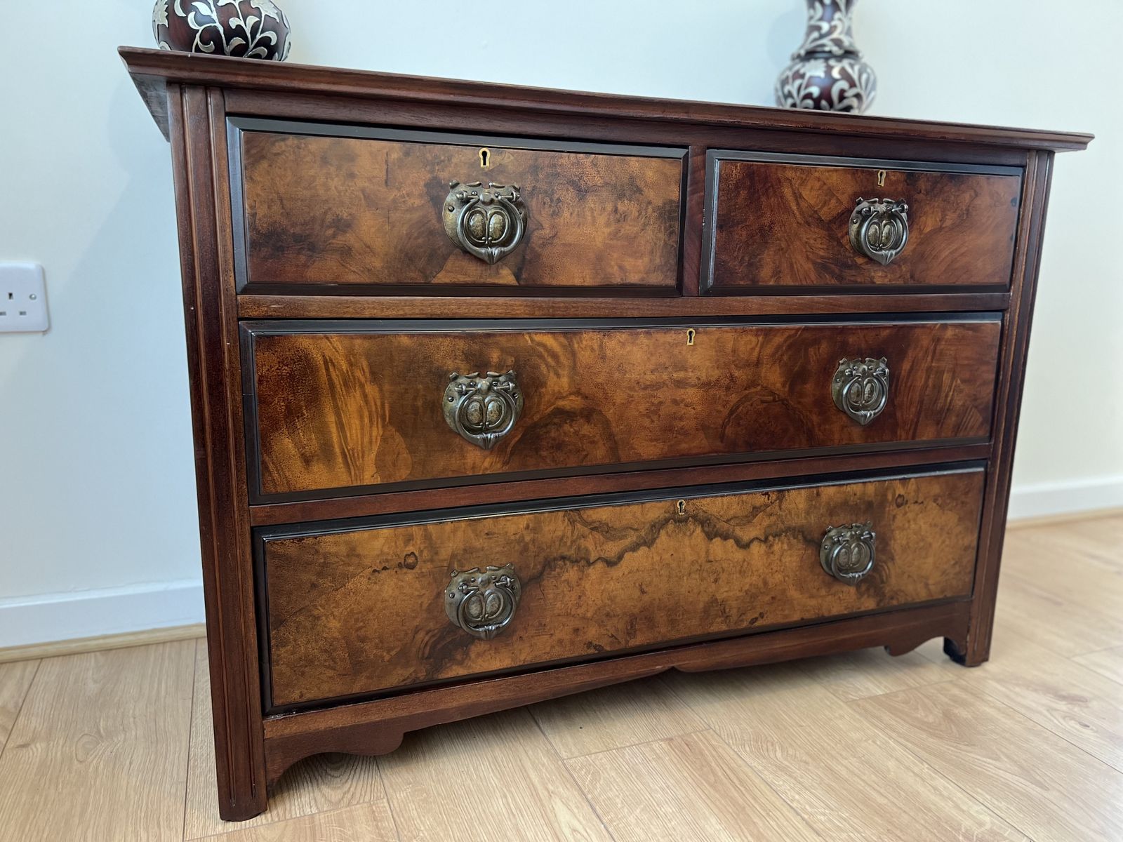 280.0 Antique Burr Walnut Chest Of Drawers 2 Over 2 Brass Handles Bedroom Storage photo