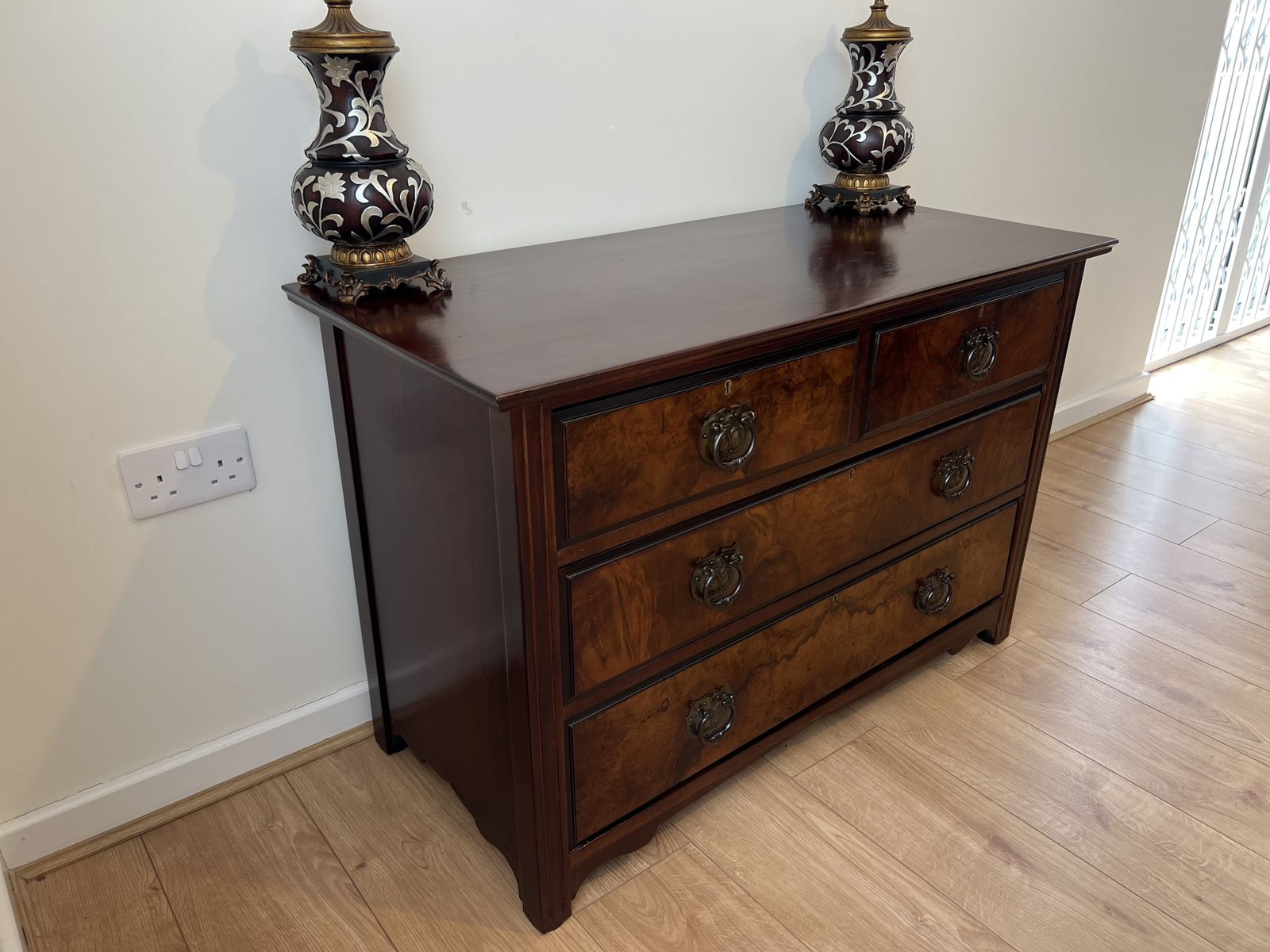 Furniture Antique Burr Walnut Chest Of Drawers 2 Over 2 Brass Handles Bedroom Storage photo