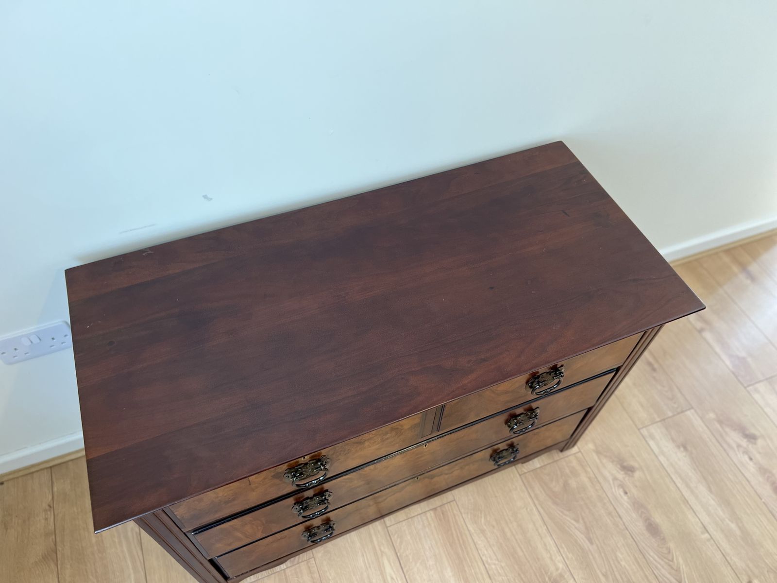 Antique Burr Walnut Chest Of Drawers 2 Over 2 Brass Handles Bedroom Storage photo vinterior