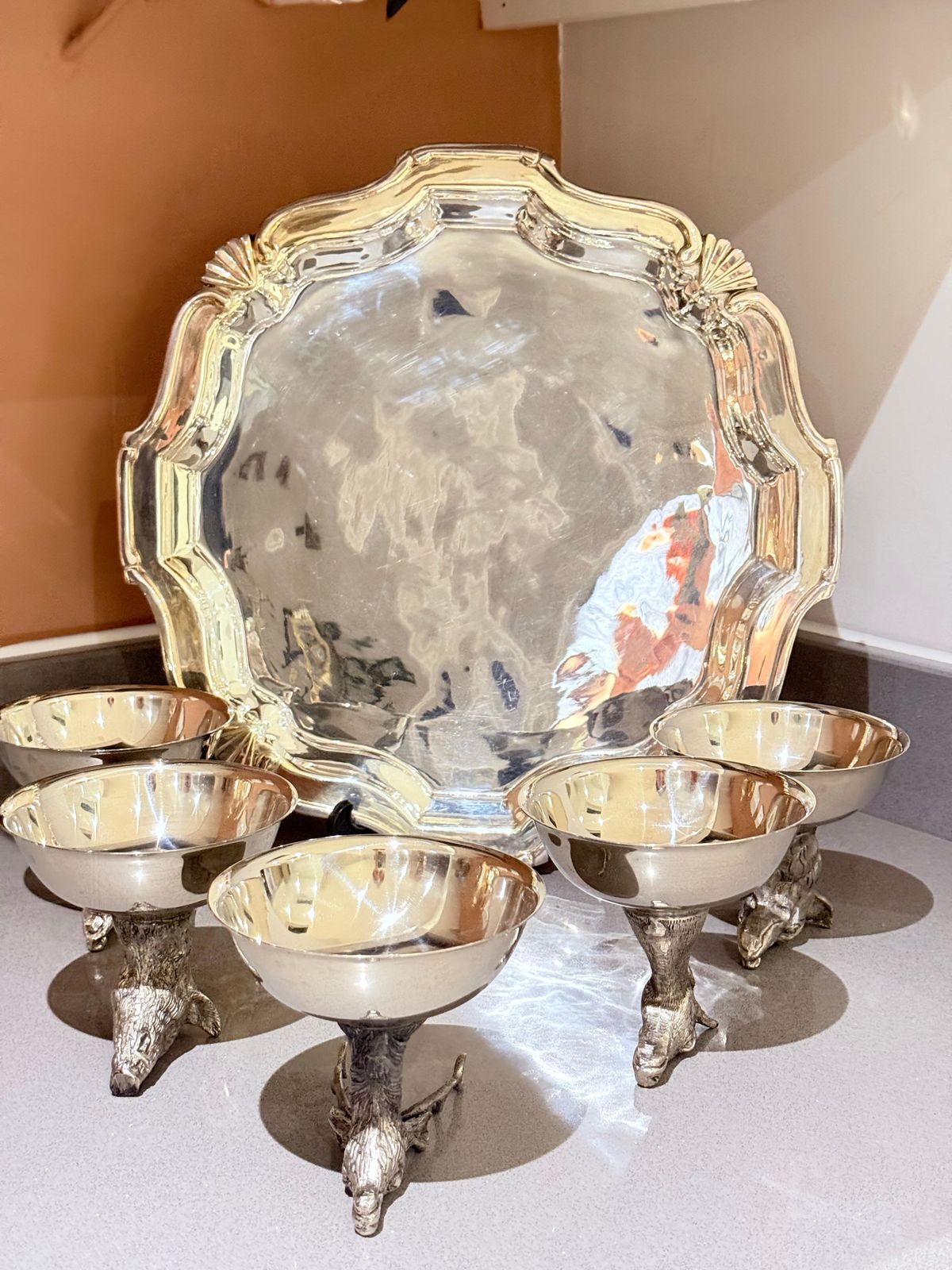 photo furniture Italian Silver Plated Animal Head Liqueur Cups With Matching Serving Tray Set 6