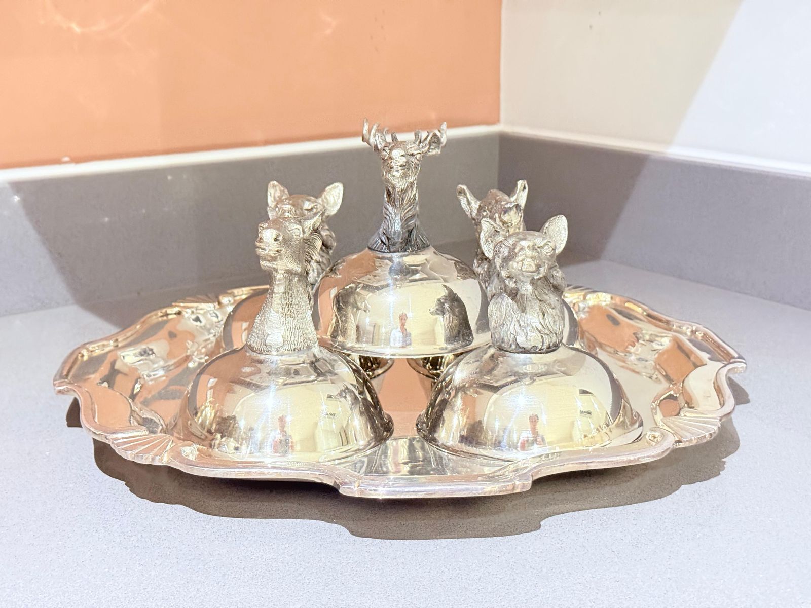 photo buy Italian Silver Plated Animal Head Liqueur Cups With Matching Serving Tray Set 6