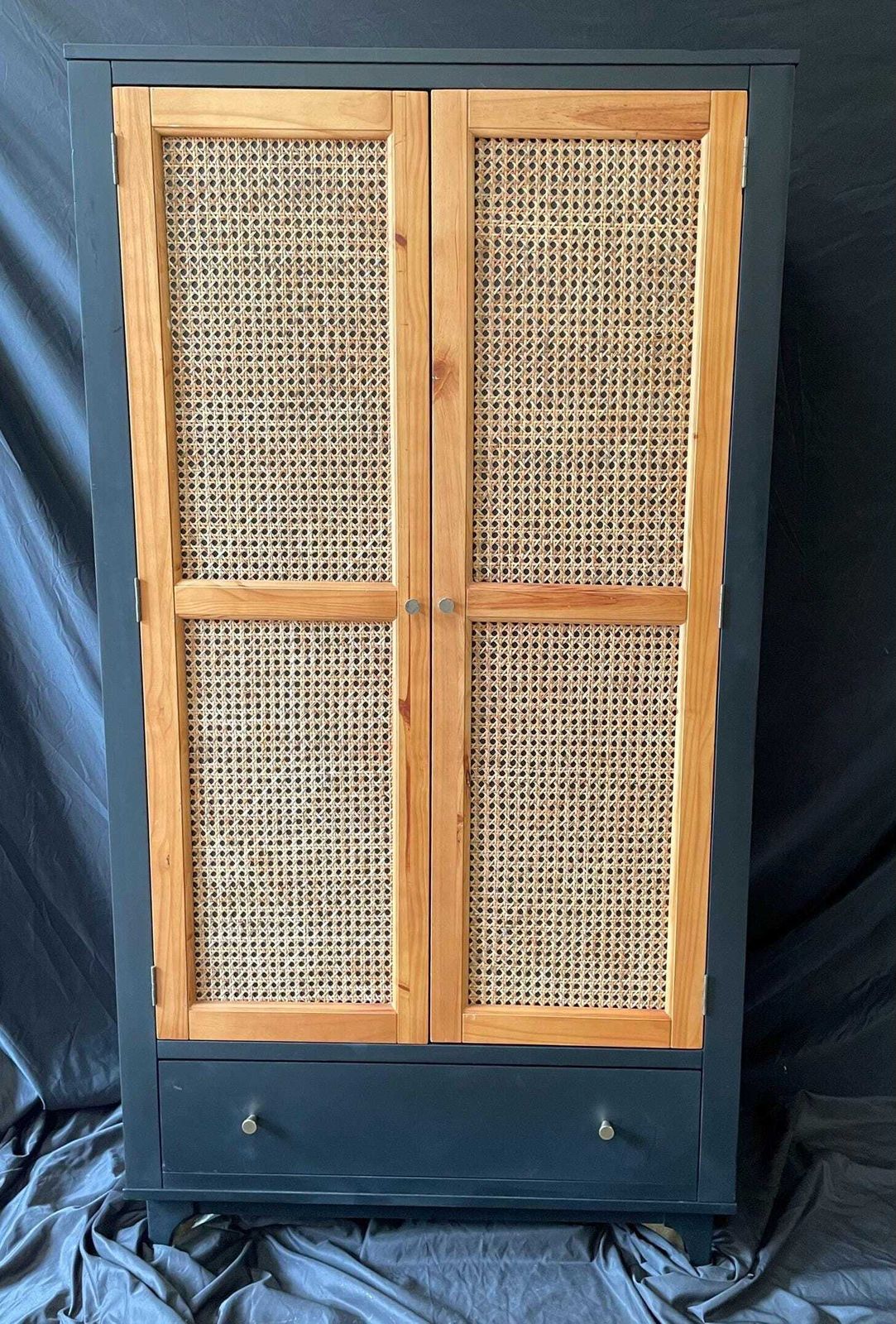 Mid Century Inspired Cane Wardrobe, Pine Armoire, Rattan Fronted Storage Cabinet, Boho Furniture photo for sale