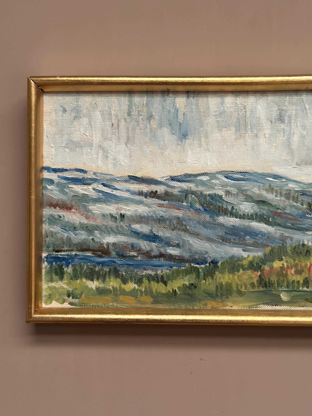 photo vinterior Mid Century Oil On Canvas Landscape By Unknown Artist Vintage & Framed – 33 × 22 Cm