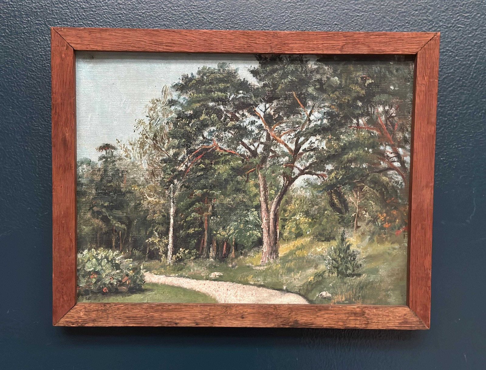 195.0 Mid Century Oil On Canvas “Forest” By Unknown Artist   Vintage & Framed – 37 × 30 Cm (14.5"X12" ) photo