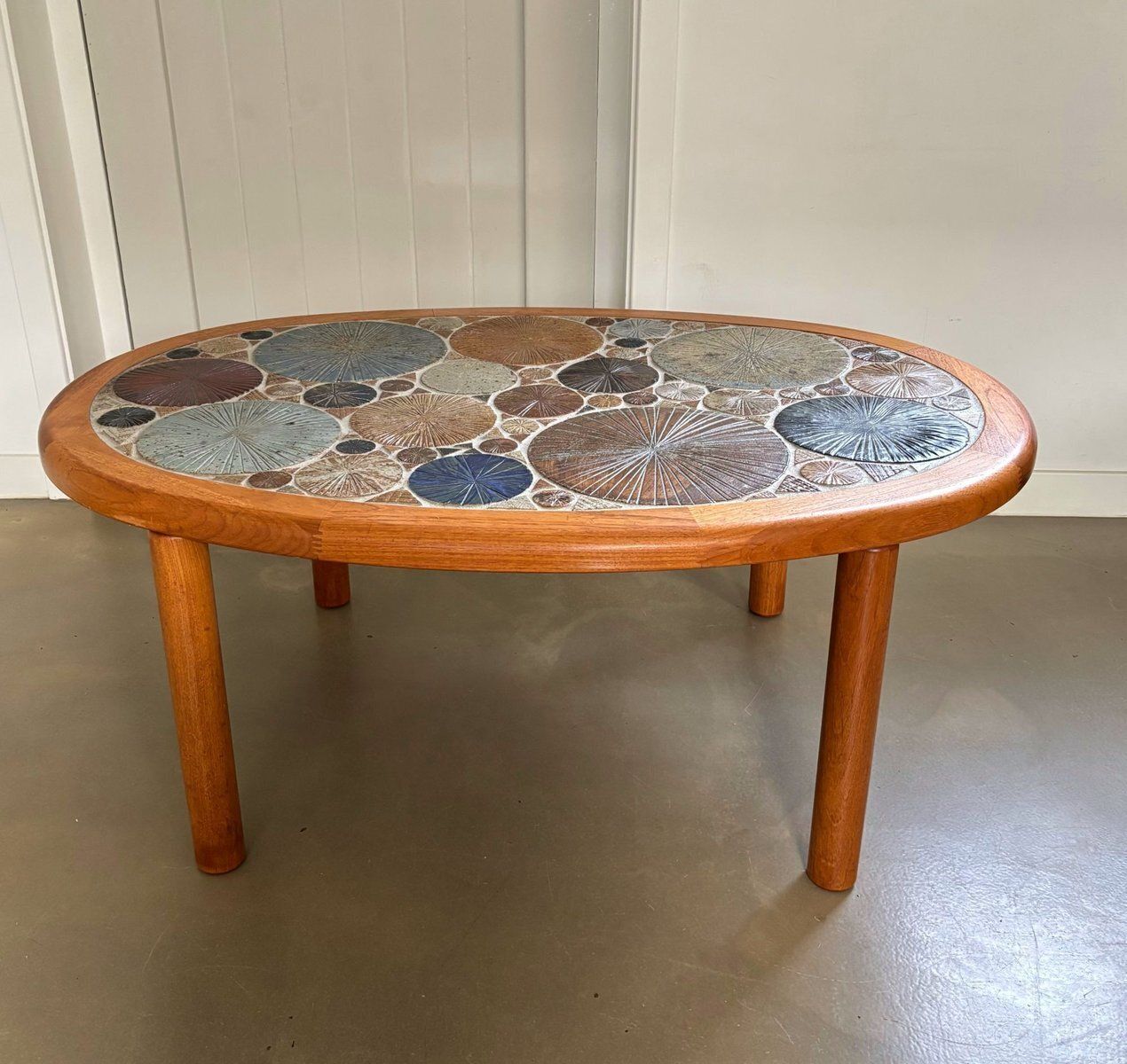 Ceramic And Wooden Side Or Coffee Table By Tue Poulsen For Haslev, Denmark, 1960s photo for sale