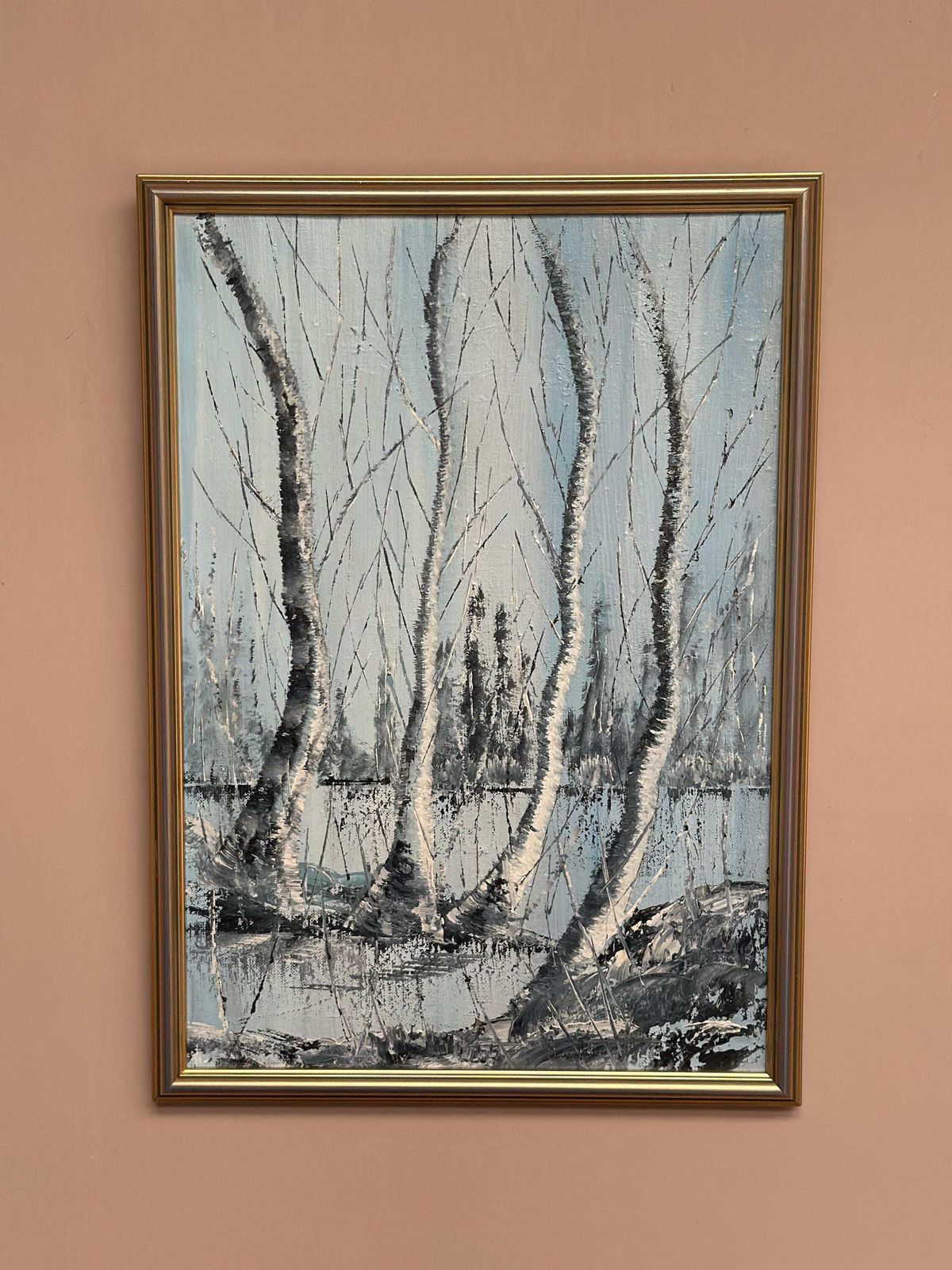 195.0 Mid Century Scandinavian Oil Painting – Trees By Gunnar Lundén Vintage & Framed 42 × 57 Cm photo