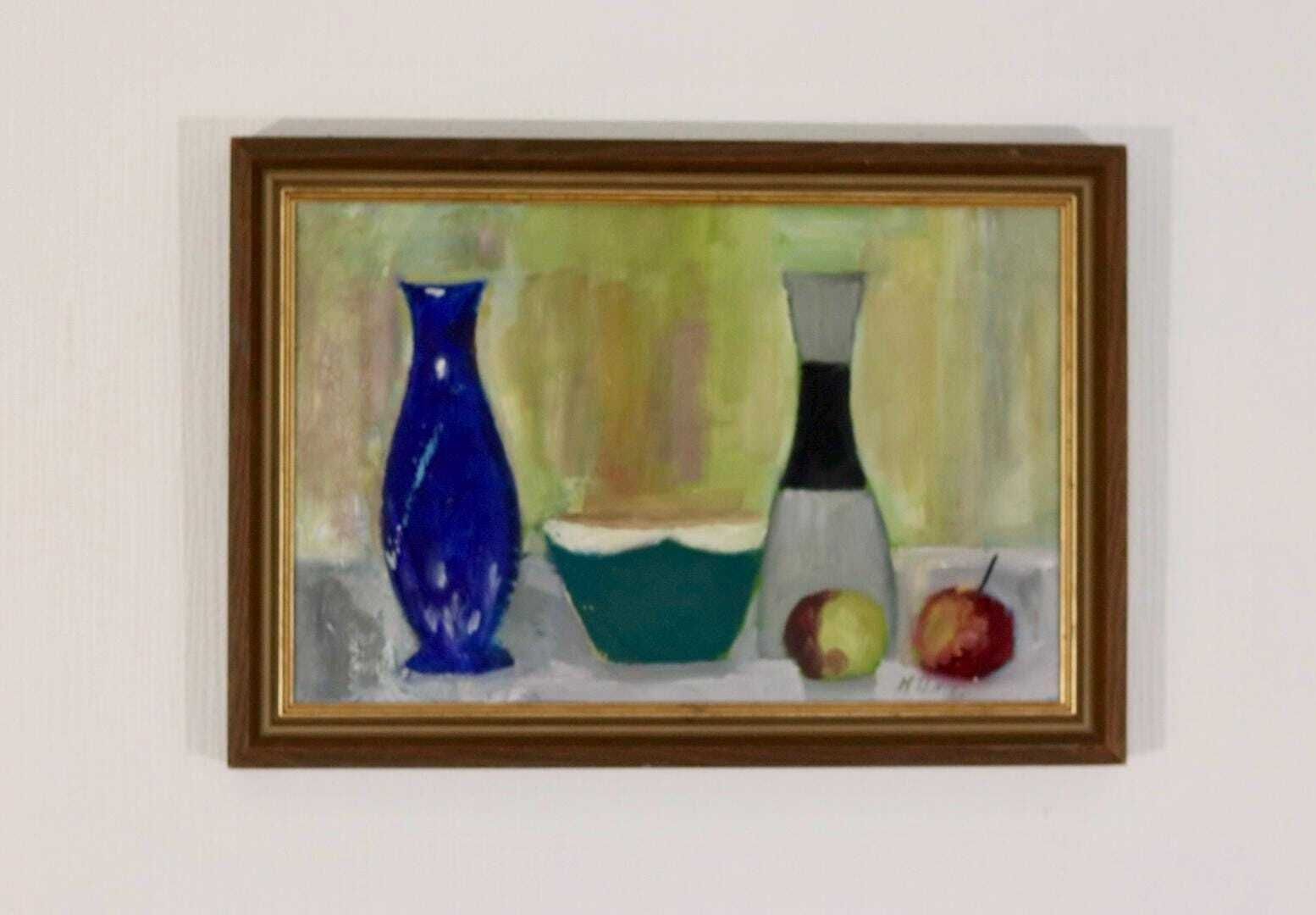 photo for sale Original Mid Century Oil On Canvas – “Bowl, Vase And Fruit” By K. W. N., Dated 1967 – Vintage & Framed 47 × 32 Cm (18.5" × 12.6")