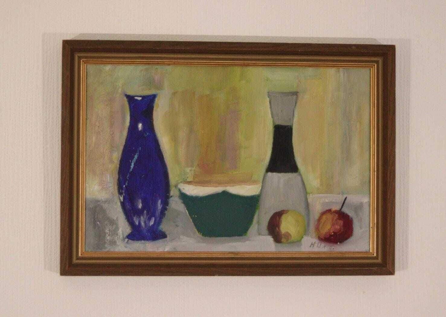 245.0 Original Mid Century Oil On Canvas – “Bowl, Vase And Fruit” By K. W. N., Dated 1967 – Vintage & Framed 47 × 32 Cm (18.5" × 12.6") photo