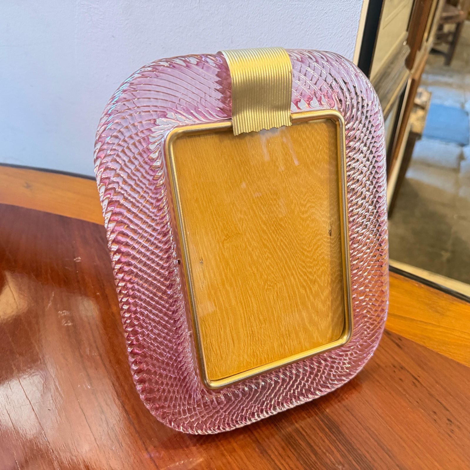 photo for sale 1990s Barovier Style Art Deco Pink Murano Glass And Brass Picture Frame