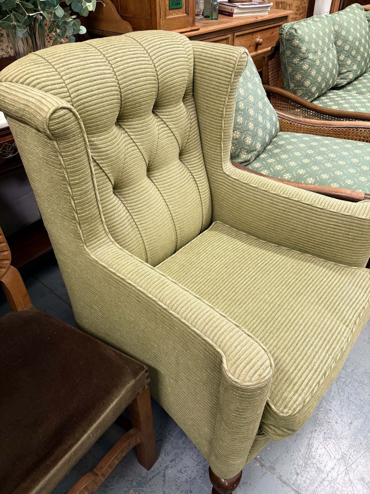 Antique Soft Green Wingback Upright Armchair On Castors & Cabriole Legs Uk Delivery photo Furniture