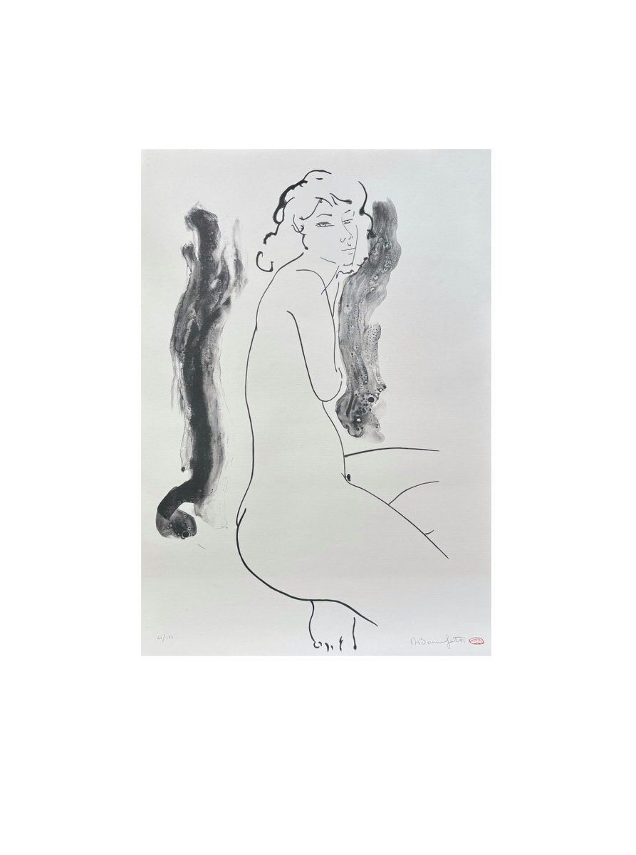 Alain Bonnefoit Large Japanese Sumi E Style Nude 1991 Lithograph photo furniture