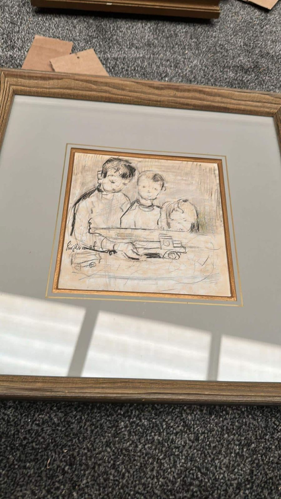 Mid Century Drawing On Paper – “Three Figures” By Erik Brandt   Framed & Glazed 37 × 37 Cm photo vintage
