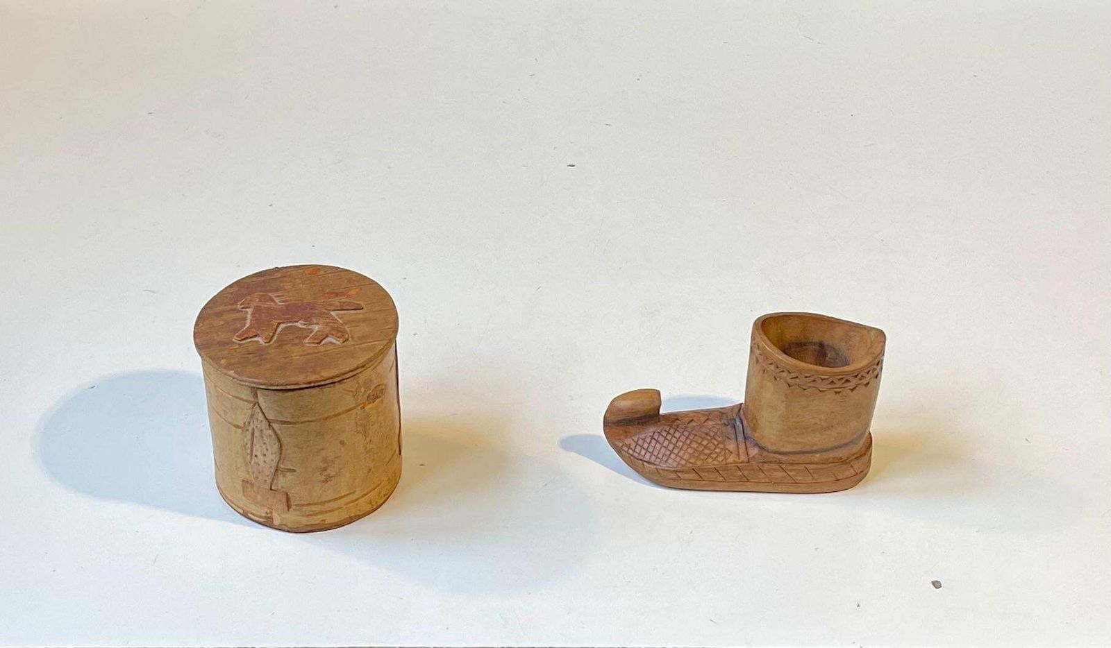 photo furniture Old Sámi Carved Folk Art Birch Bark Canister & Wooden Boot
