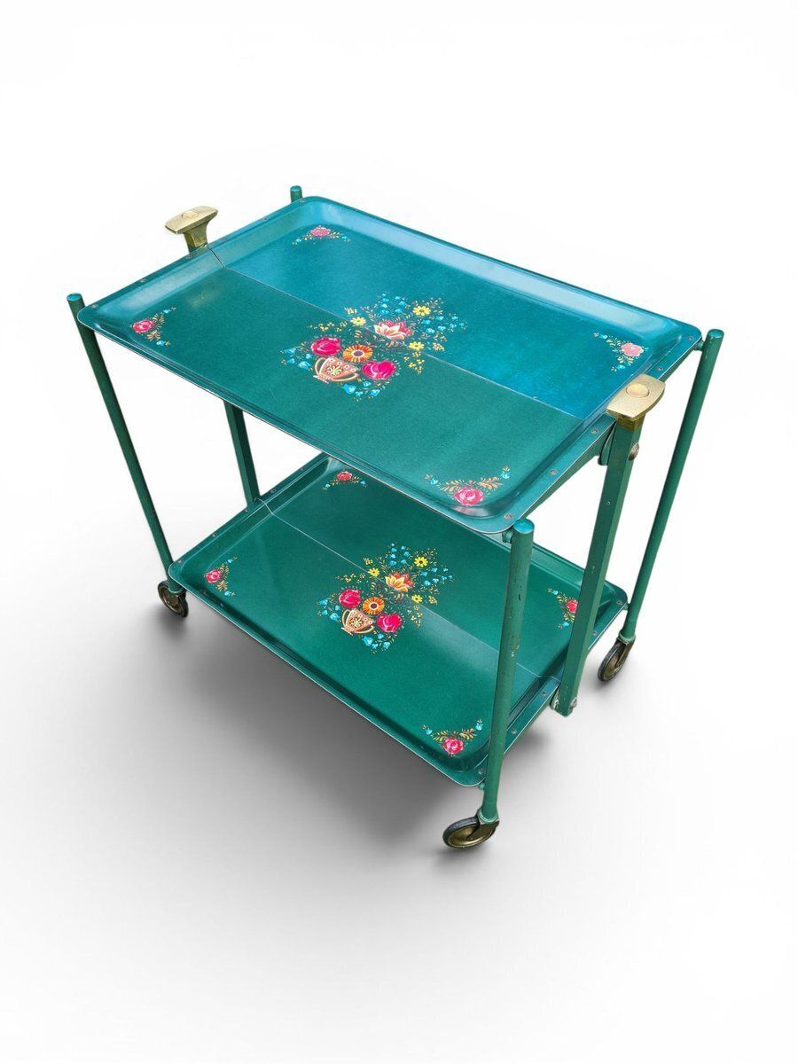 Folding Green Trolley With Floral Decor, 1960s 1970s photo buy