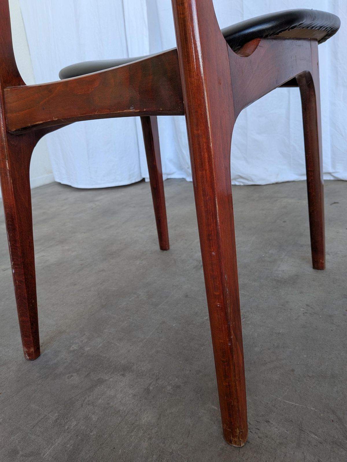 Furniture Vintage Mid Century Wooden Dining Chair With Black Leather Seat photo