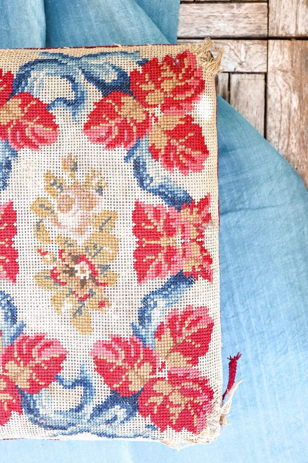 Antique Victorian Needlepoint Footstool | English Style | Floral Cross Stitch | Dark Wood | Ball Feet | 48x34x11cm photo Furniture