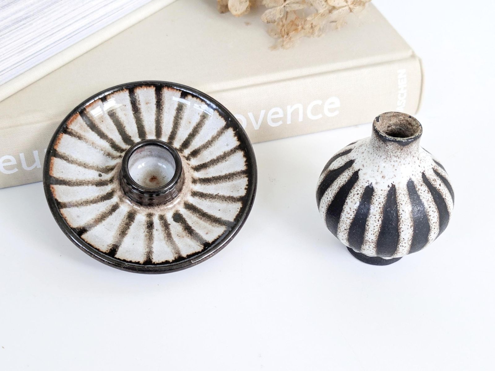 West German Ceramic Candleholder Mini Bud Vase Duo, Monika Maetzel, 1960s