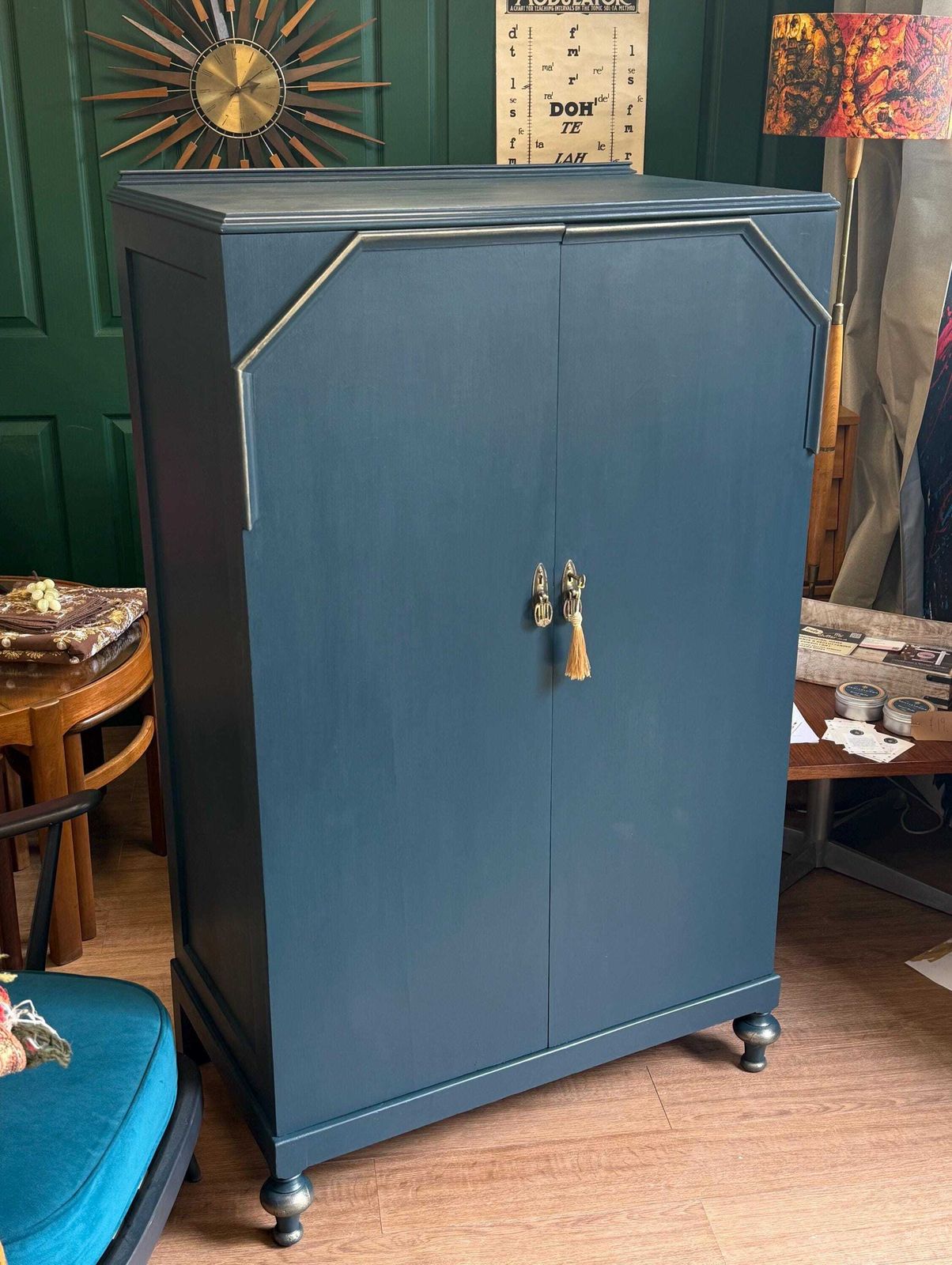 Refurbished Vintage 1930s Gentleman's Wardrobe Linen Cupboard Linen Press Petrol Blue photo furniture