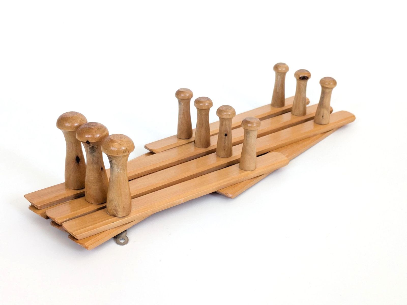 Vintage Beech Accordion Wall Coat Rack, Mid Century Expandable Wooden Hooks 10 Pegs photo Furniture
