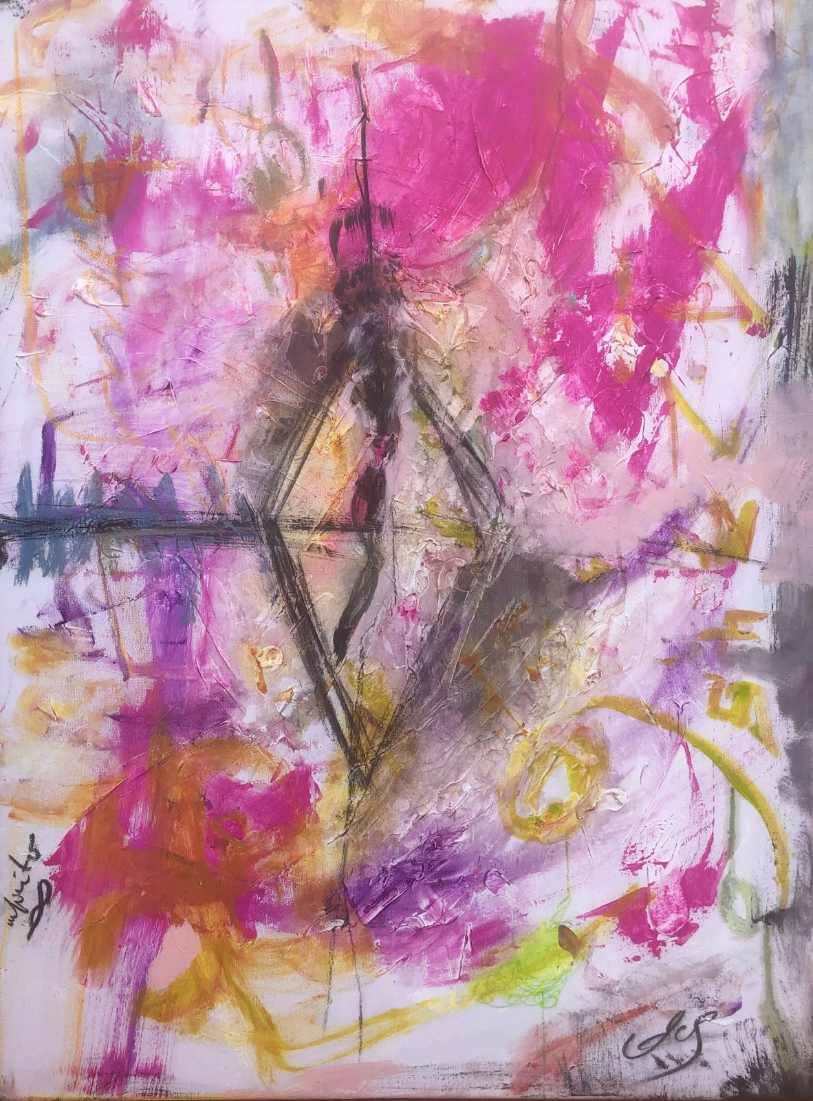 Nerea Caos Abstract Expressionist Figure In Pink And Gold Contemporary Spanish Oil Painting 2023