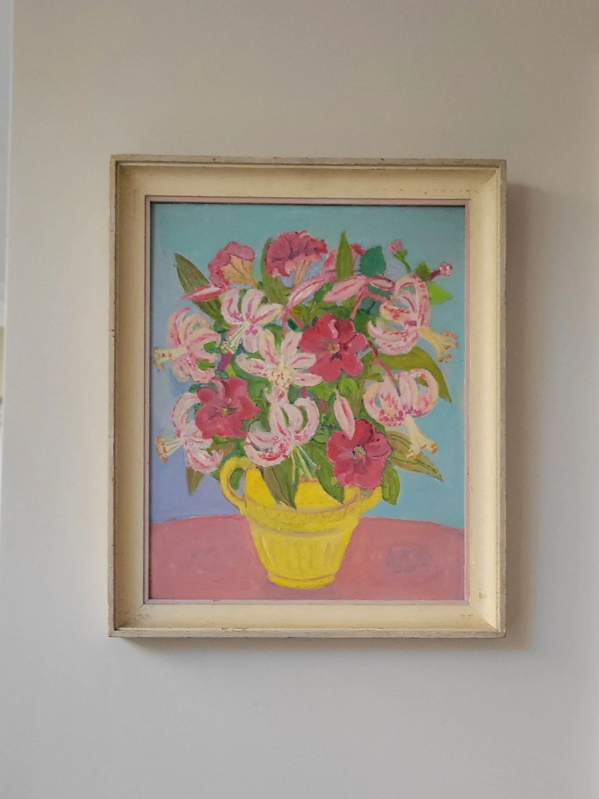 Pink Lilies In A Yellow Jug Original Mid Century Floral Oil On Board