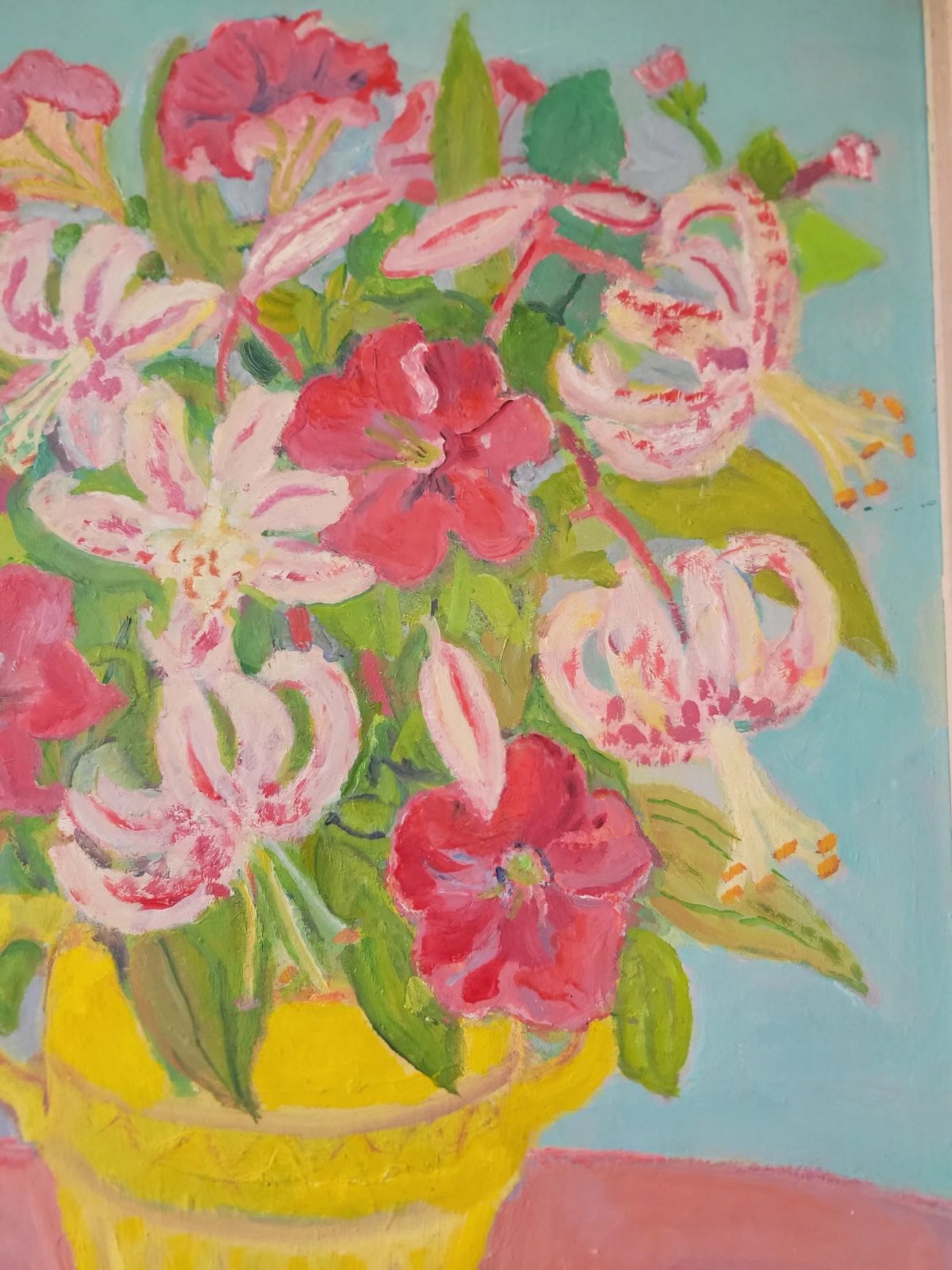Pink Lilies In A Yellow Jug Original Mid Century Floral Oil On Board photo 365.0