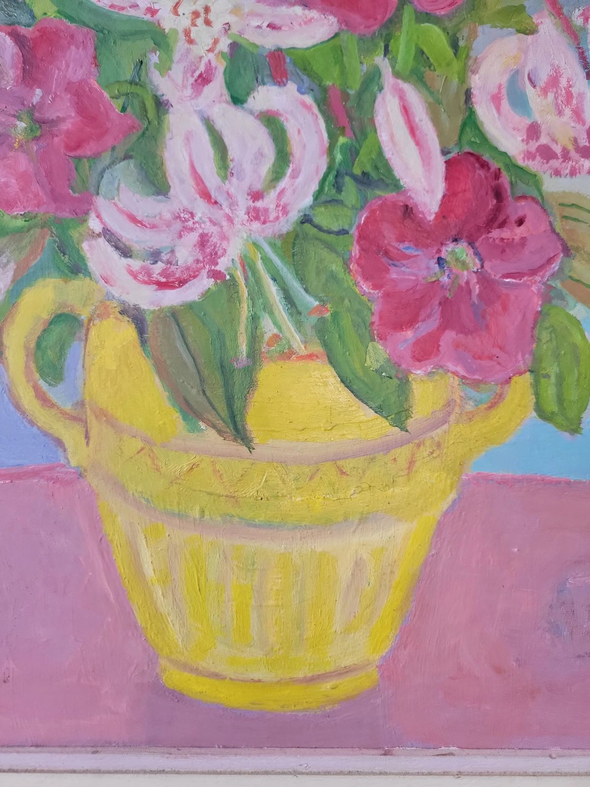 Pink Lilies In A Yellow Jug Original Mid Century Floral Oil On Board photo vintage