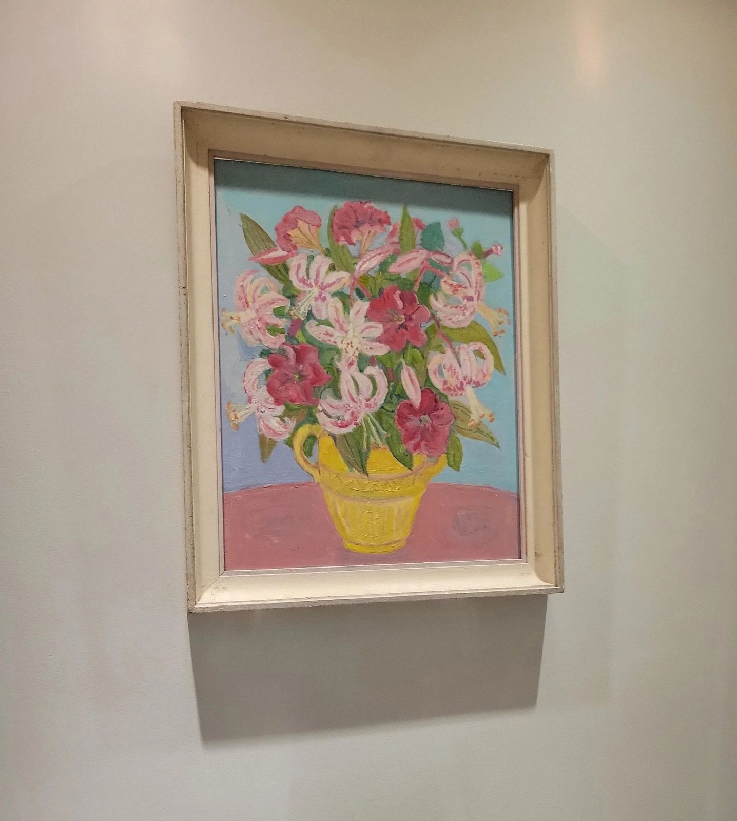 photo for sale Pink Lilies In A Yellow Jug Original Mid Century Floral Oil On Board
