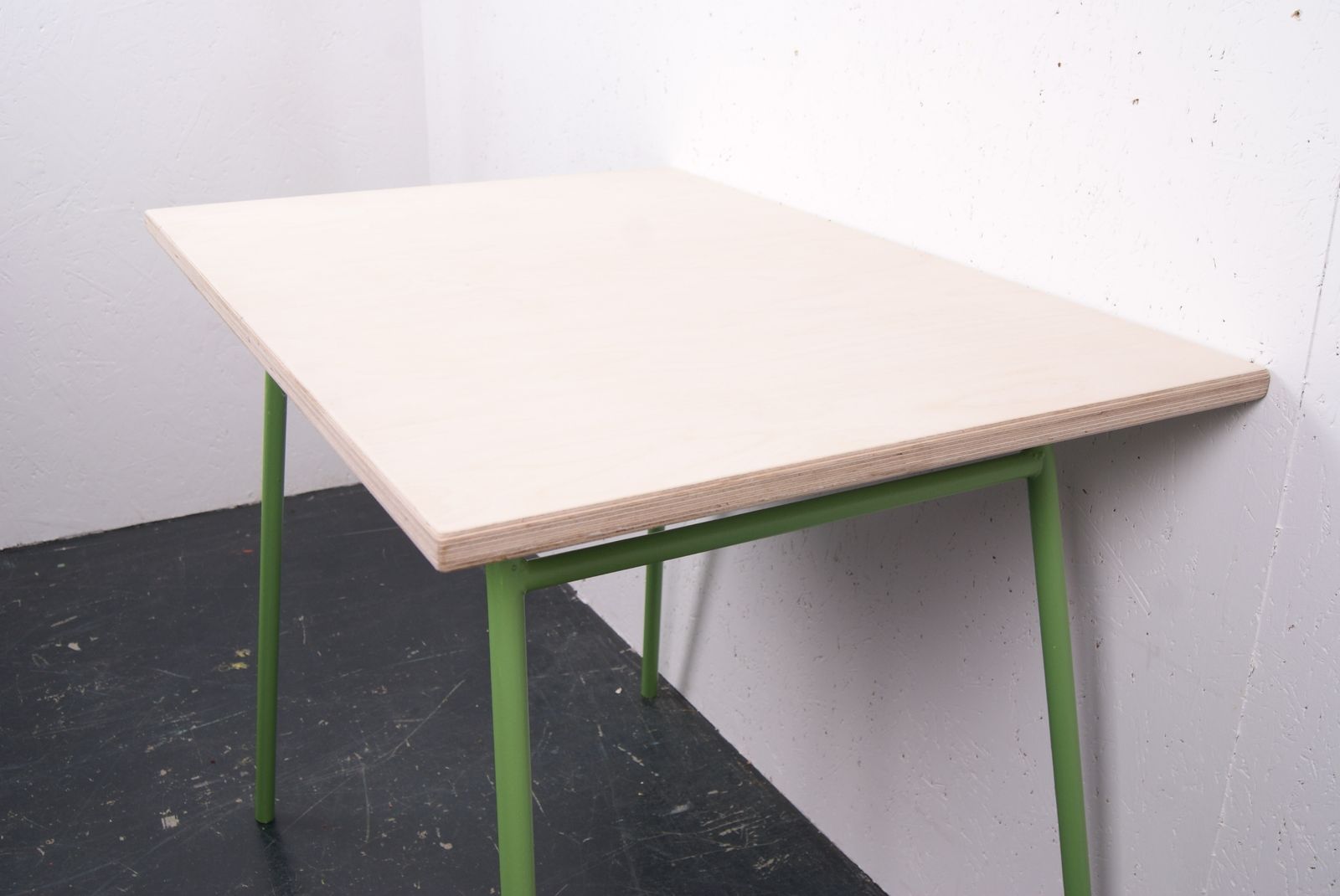 Green Metal Legged Table With Birch Ply Top photo vinterior