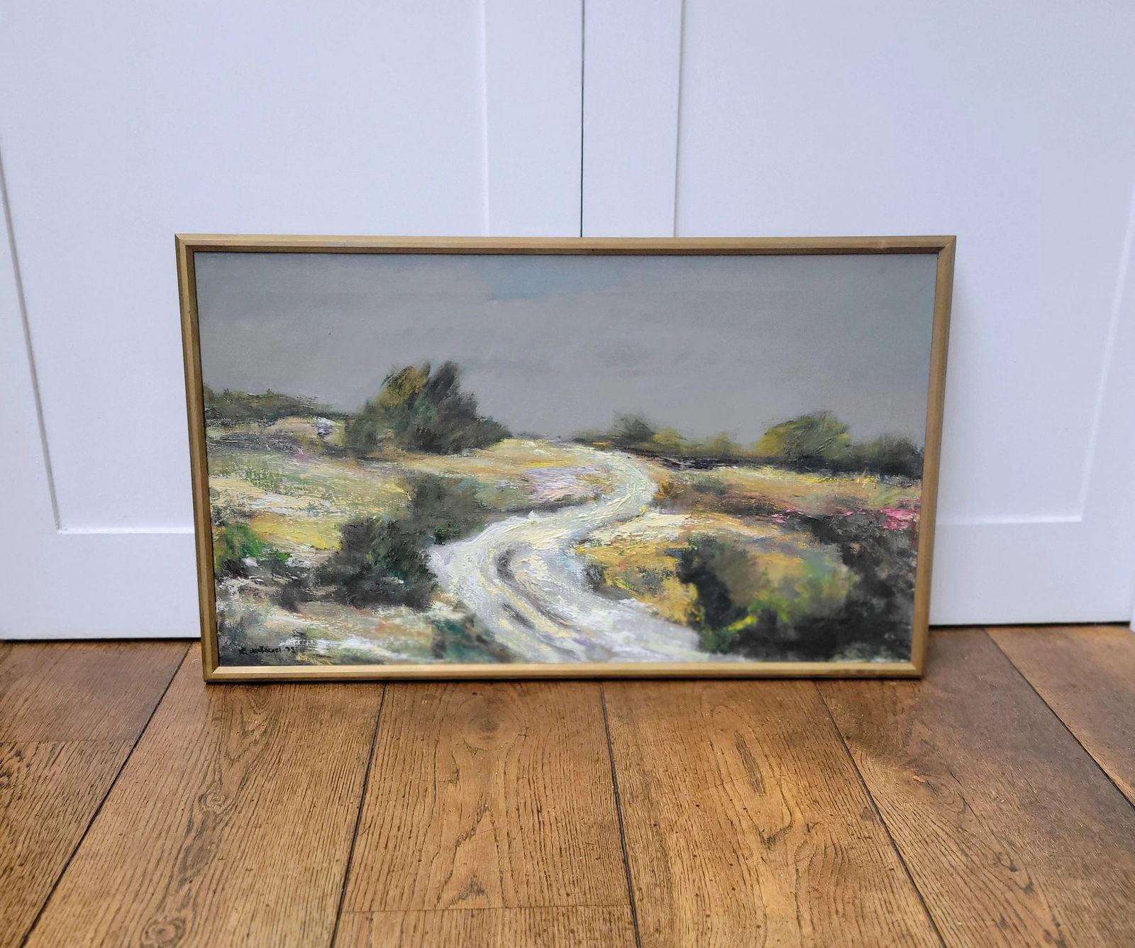 photo vintage Road Through The Heath  Original Framed Mid Century Landscape Oil Painting