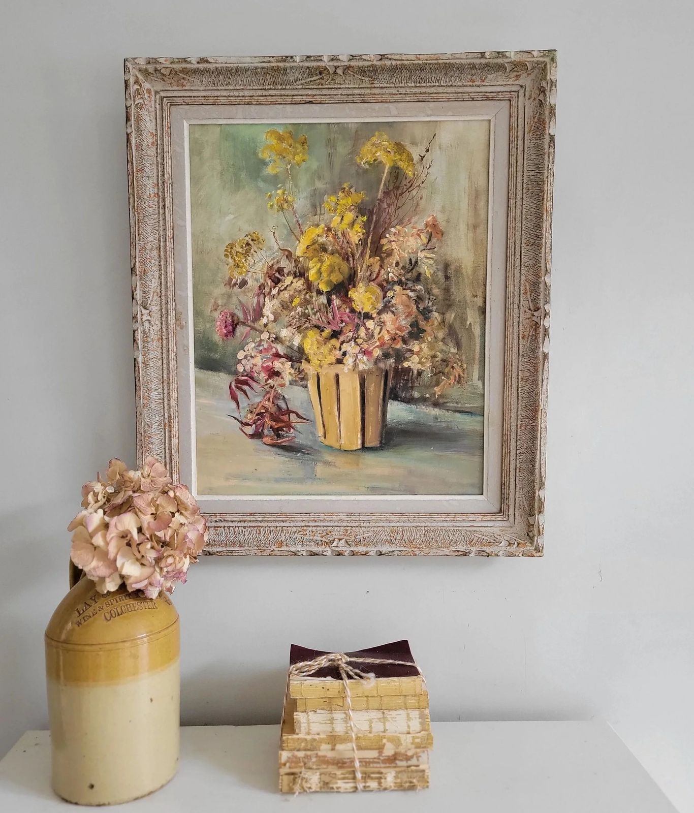 photo vinterior Wildflowers In An Ochre Vase Original Vintage Framed French Floral Study