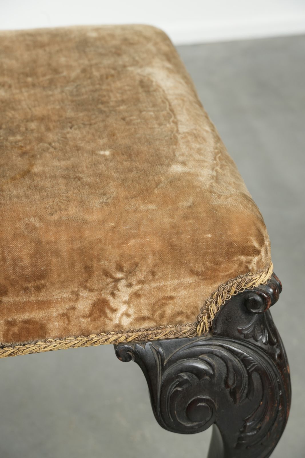 Antique Dutch Seat/Ottoman From The 18th Century With Velvet Fabric, Beautiful Wood Carving, And Claw Feet. photo buy